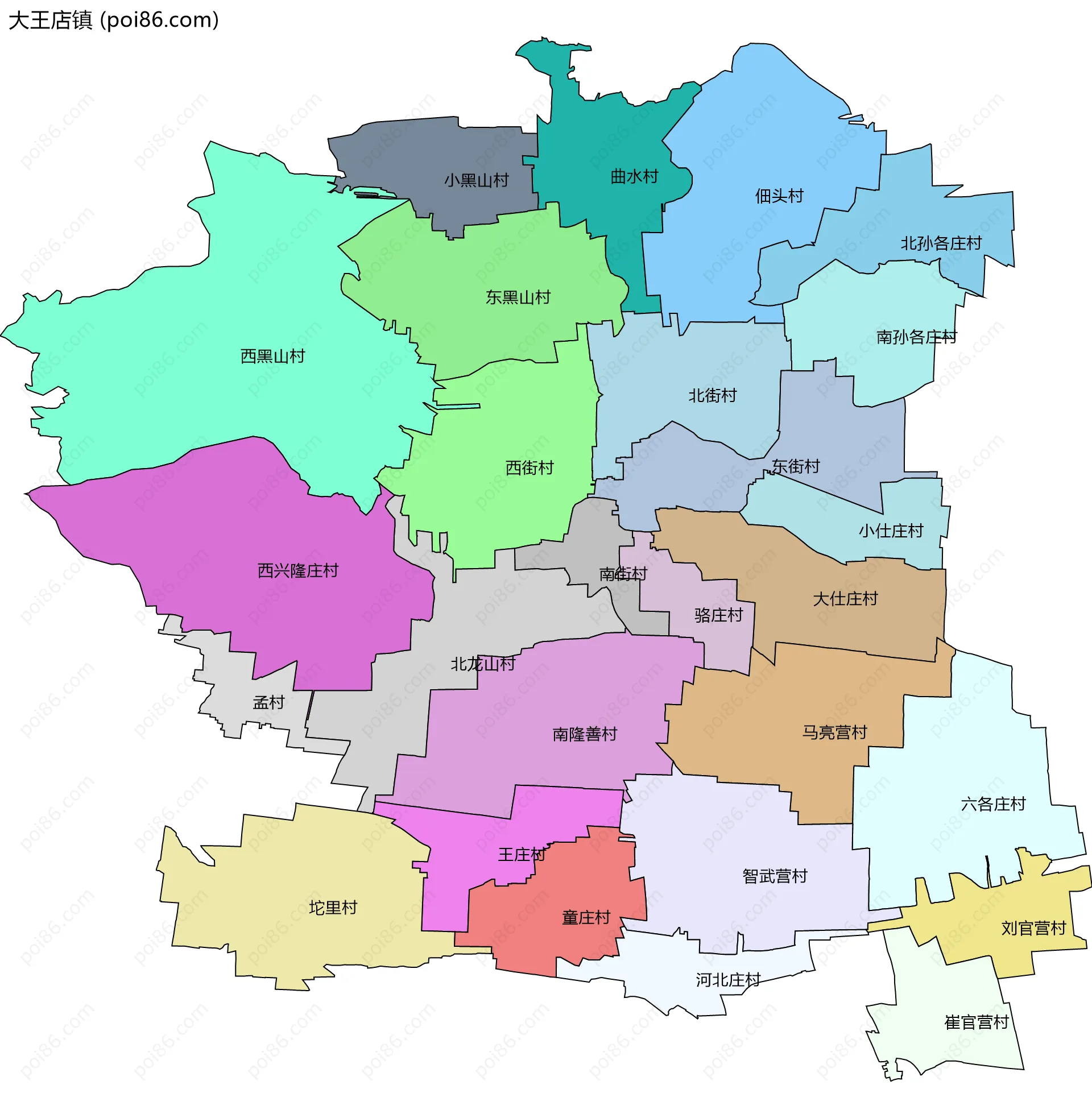 大王店镇边界地图(五级行政区划)