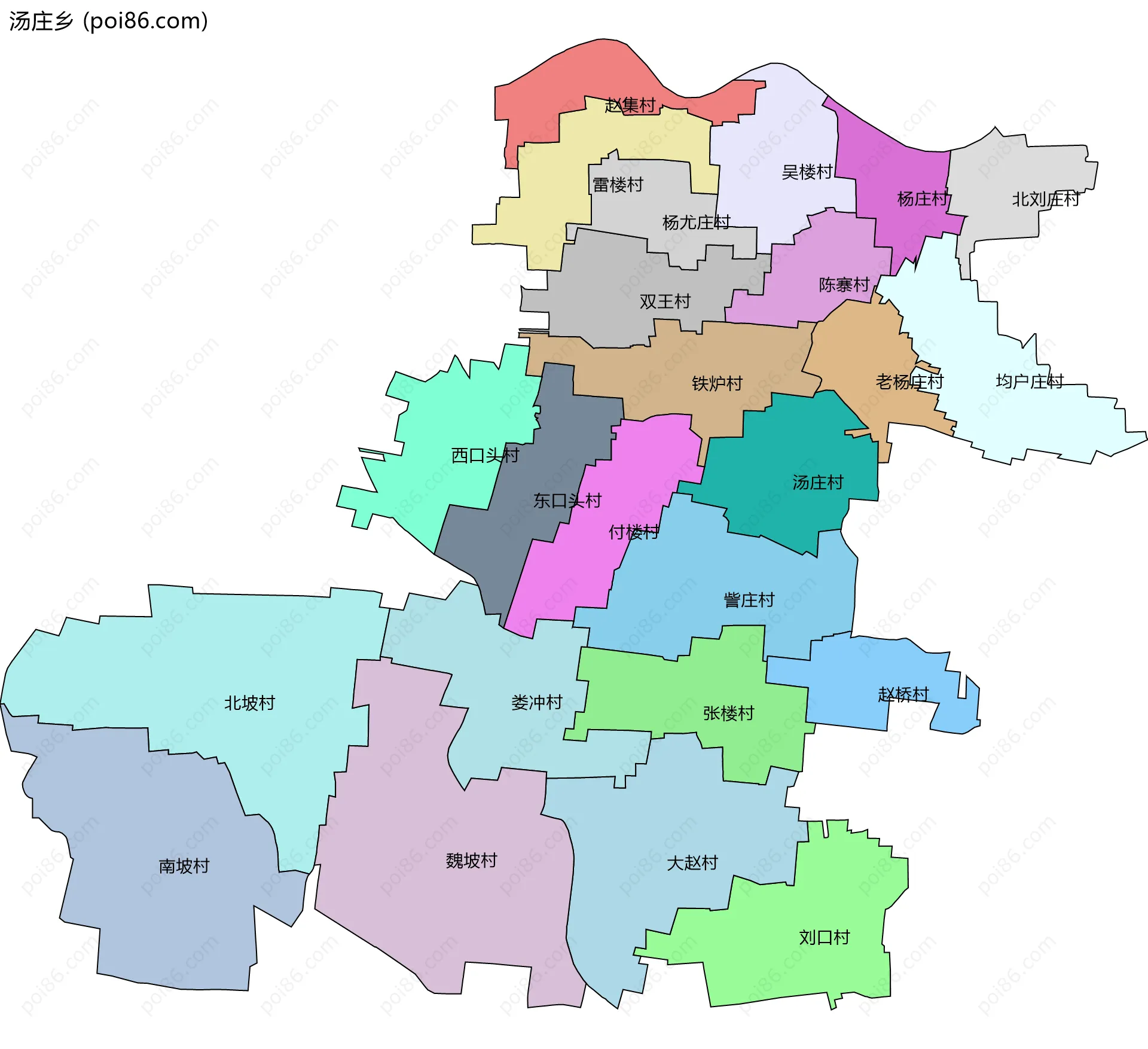 汤庄乡边界地图(五级行政区划)
