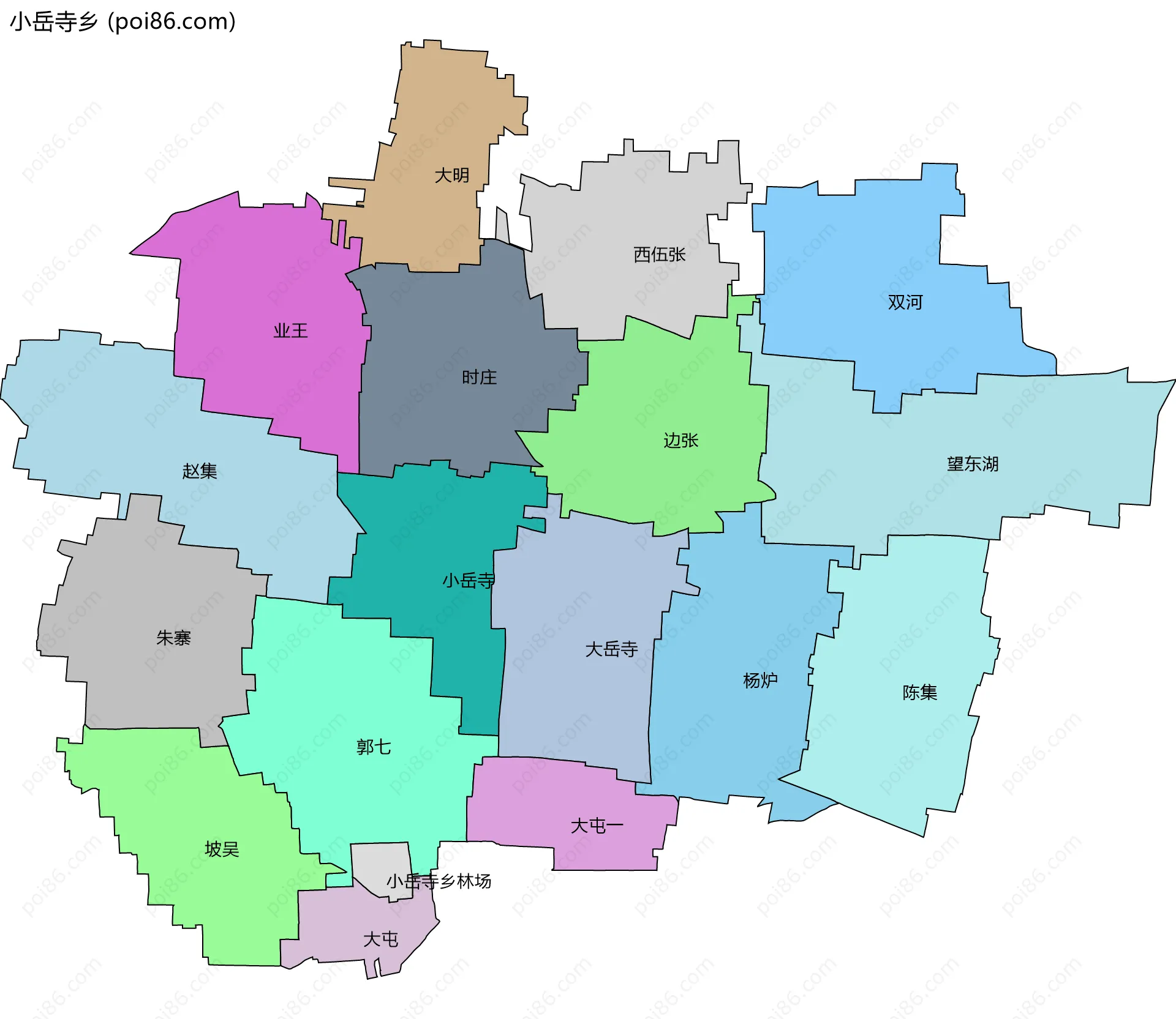 小岳寺乡边界地图(五级行政区划)
