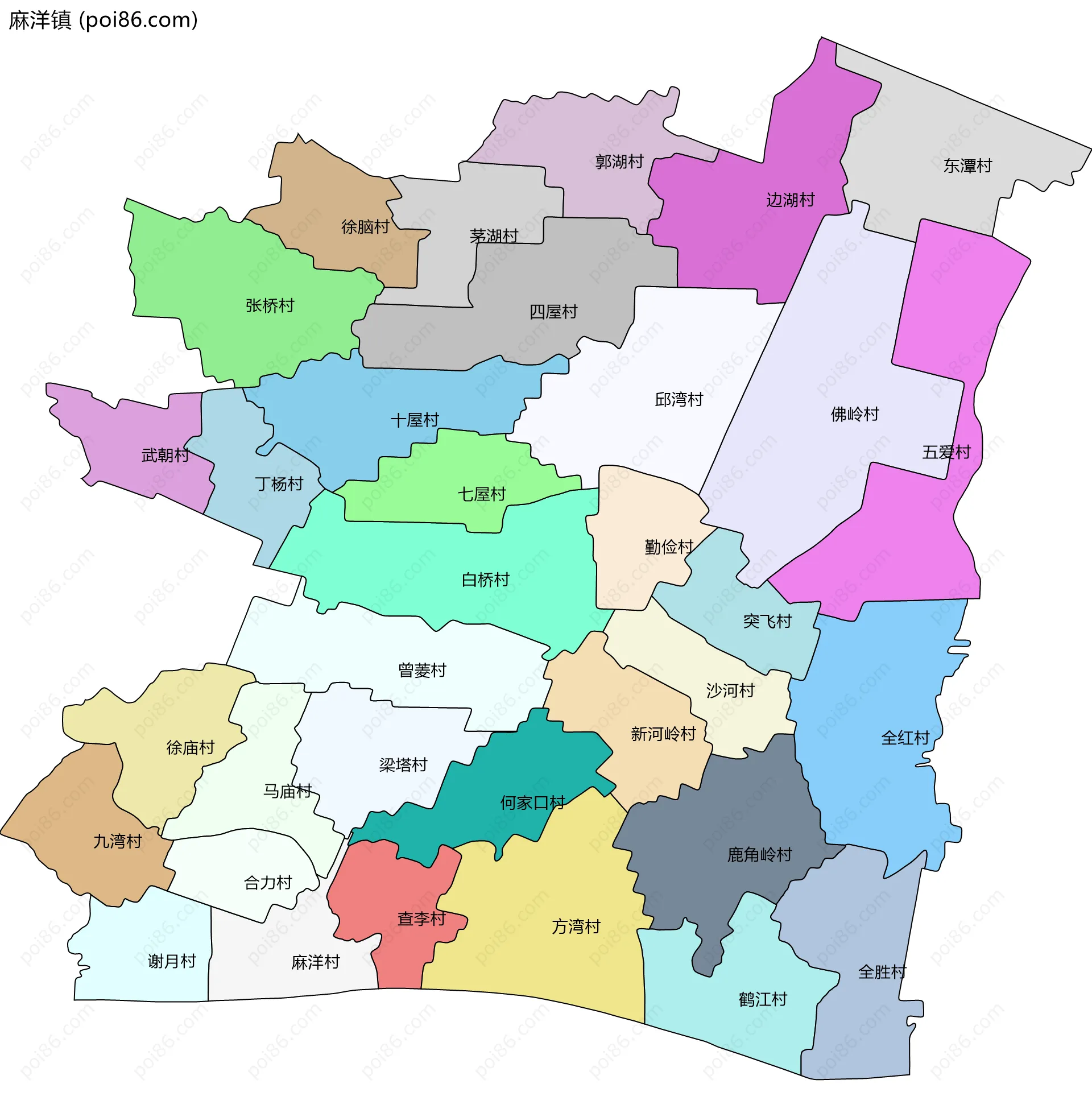 麻洋镇边界地图(五级行政区划)