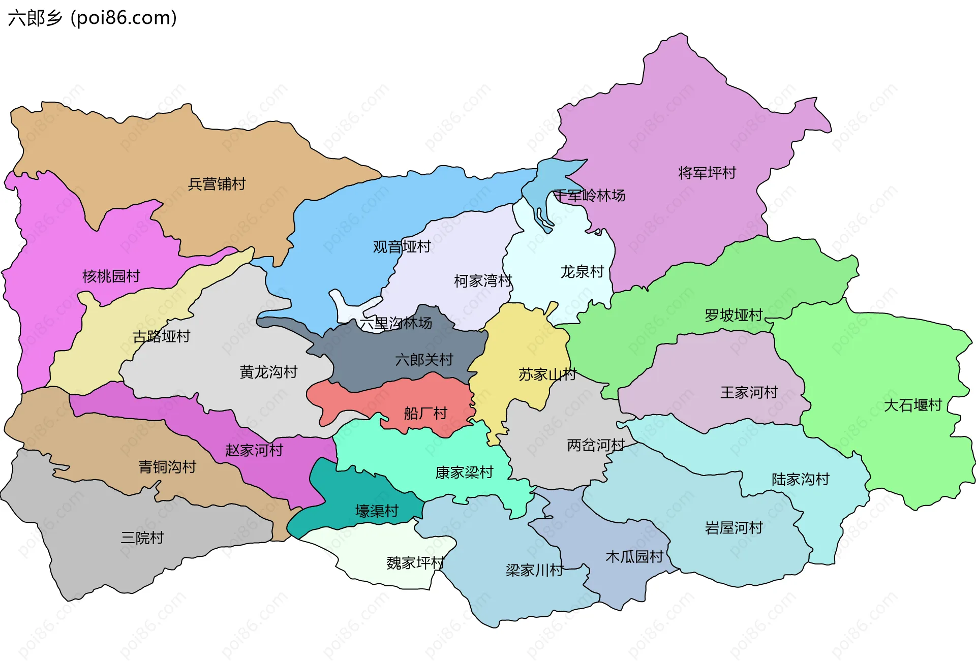 六郎乡边界地图(五级行政区划)