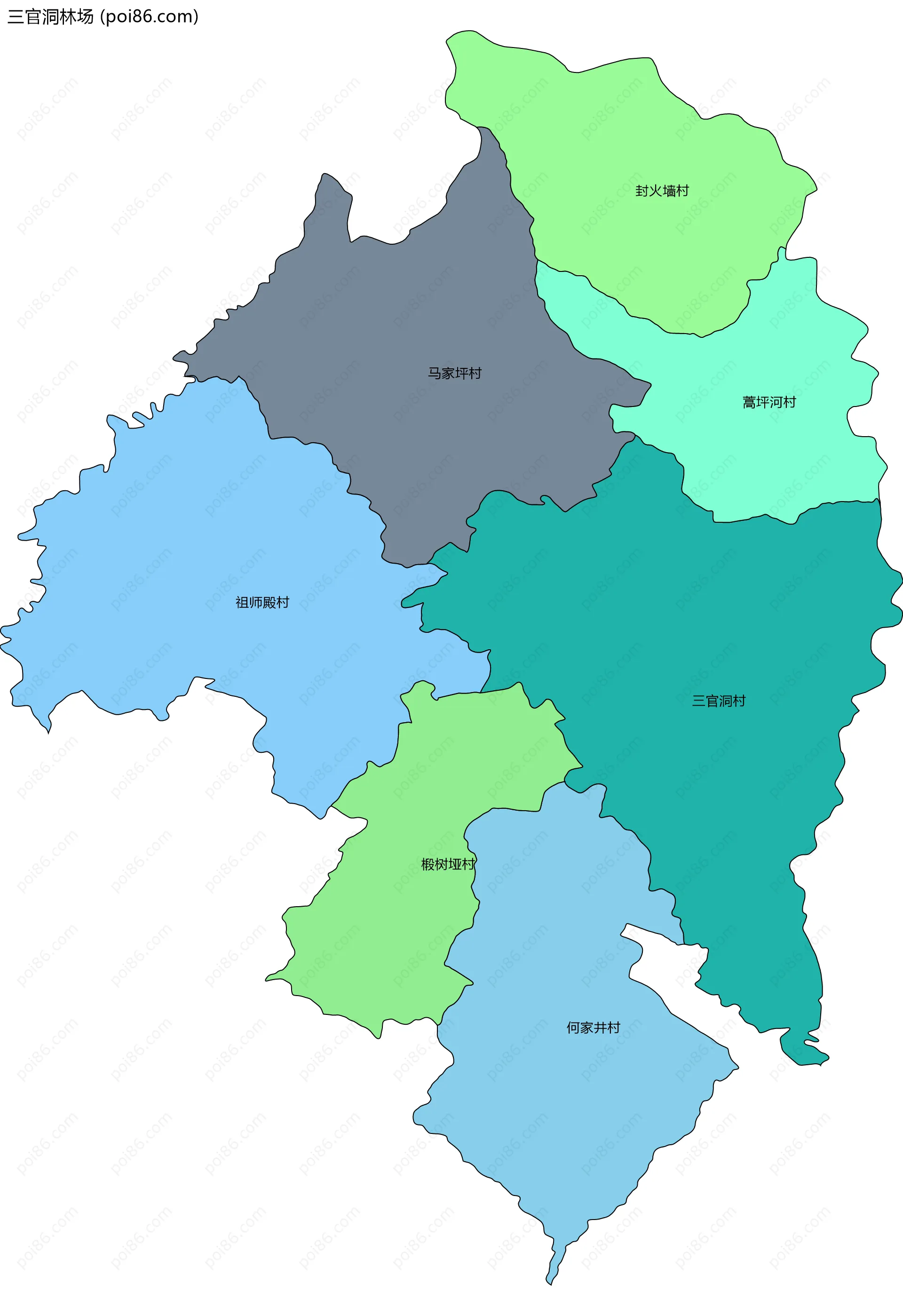 三官洞林场边界地图(五级行政区划)