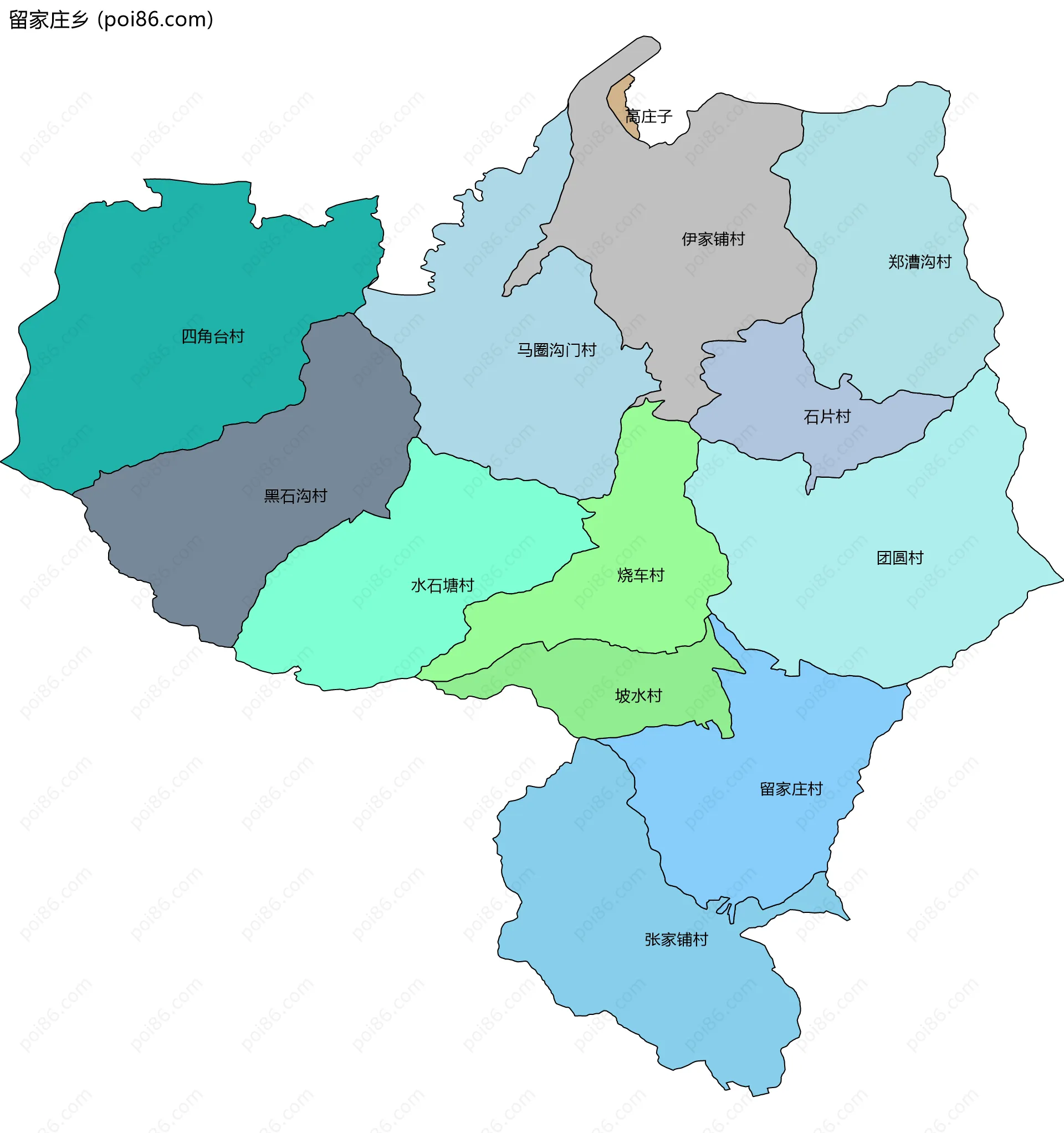 留家庄乡边界地图(五级行政区划)