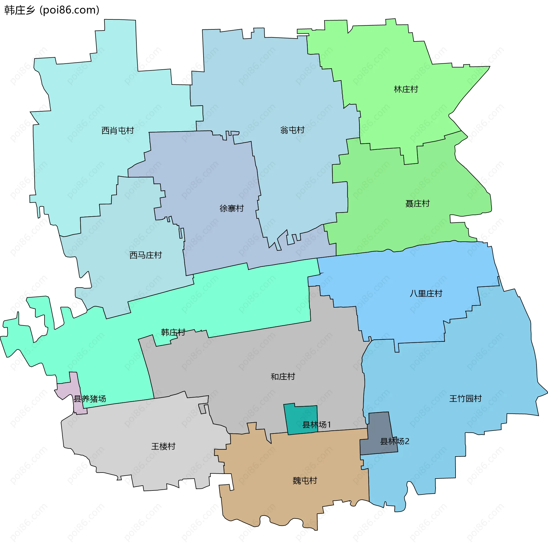 韩庄乡边界地图(五级行政区划)