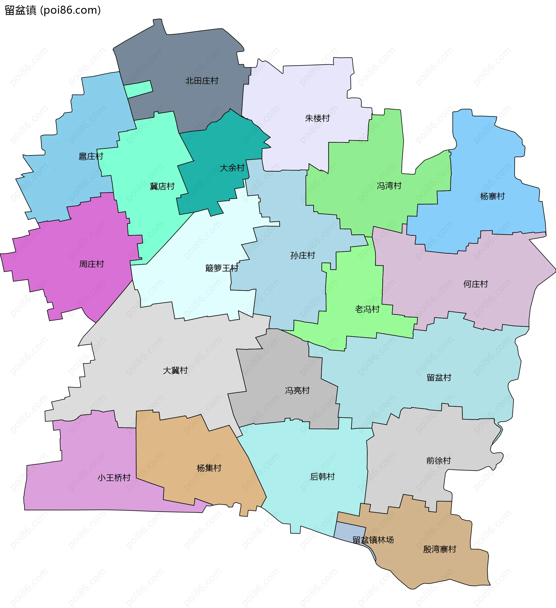 留盆镇边界地图(五级行政区划)