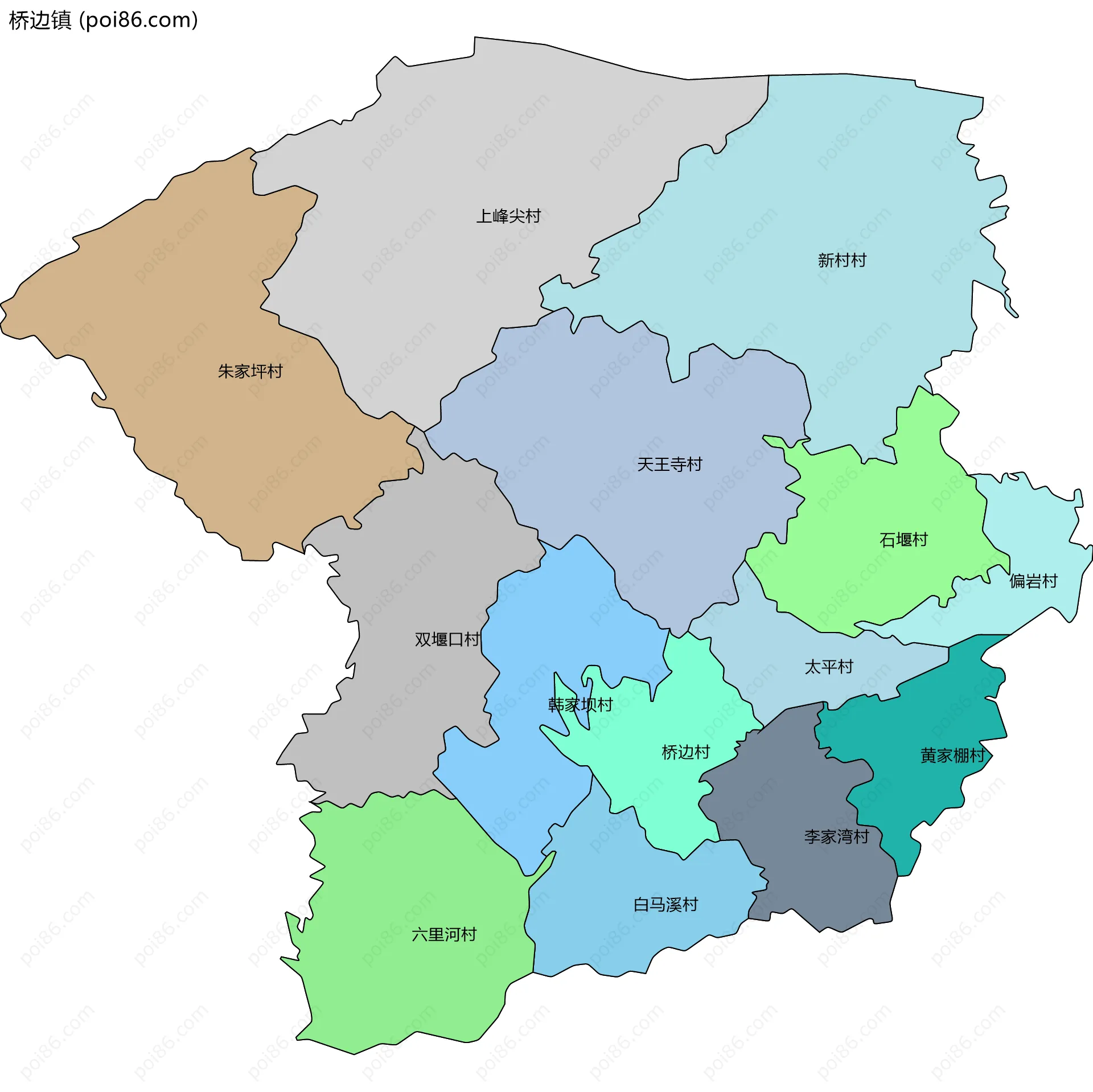 桥边镇边界地图(五级行政区划)