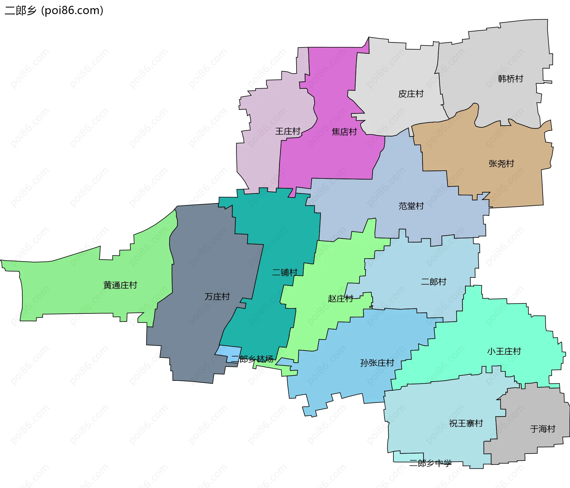 二郎乡边界地图(五级行政区划)