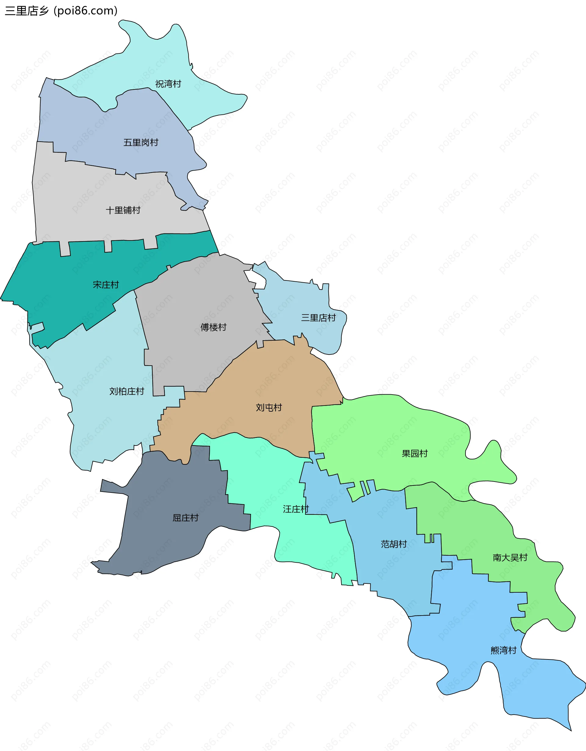 三里店乡边界地图(五级行政区划)