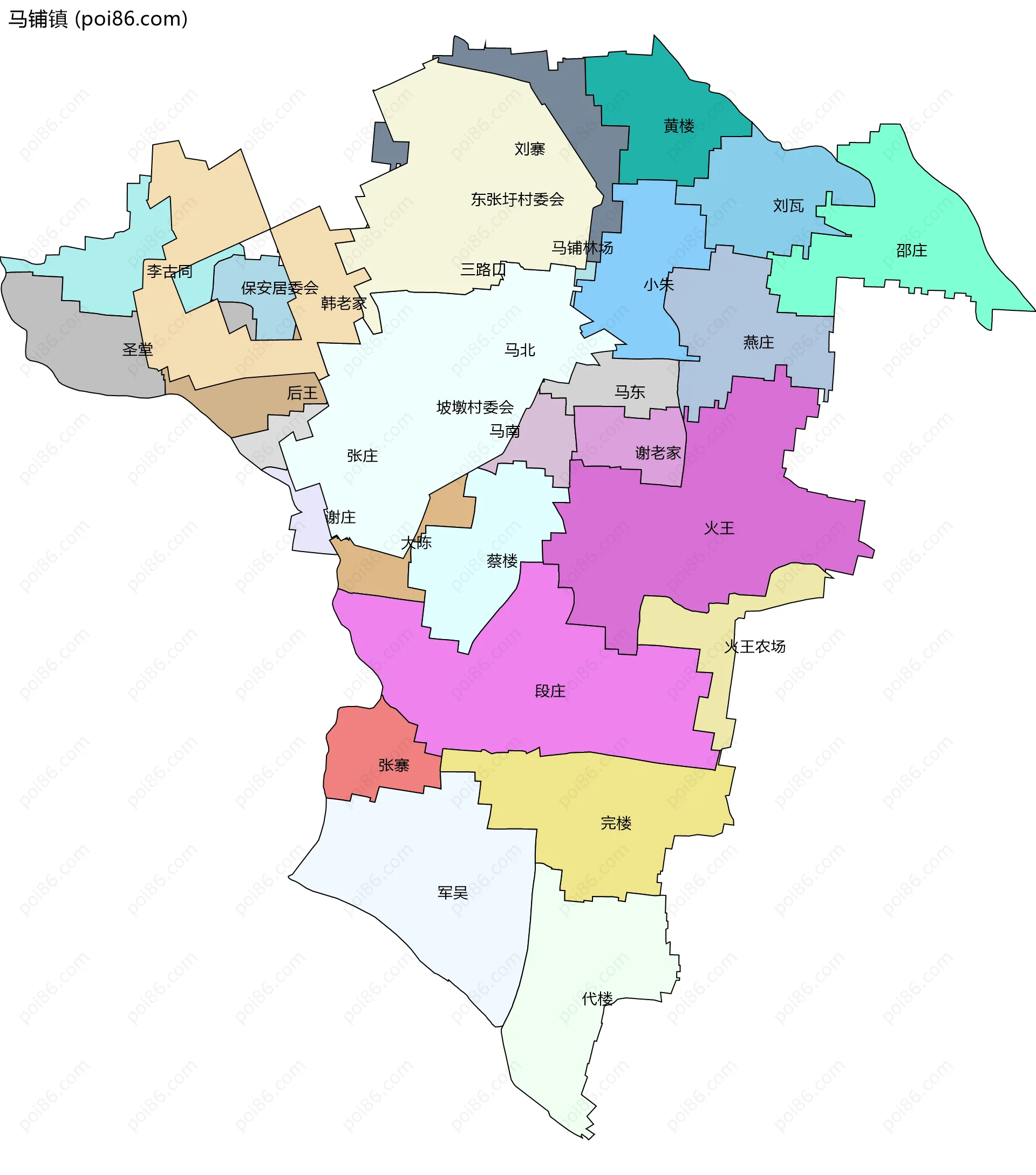 马铺镇边界地图(五级行政区划)