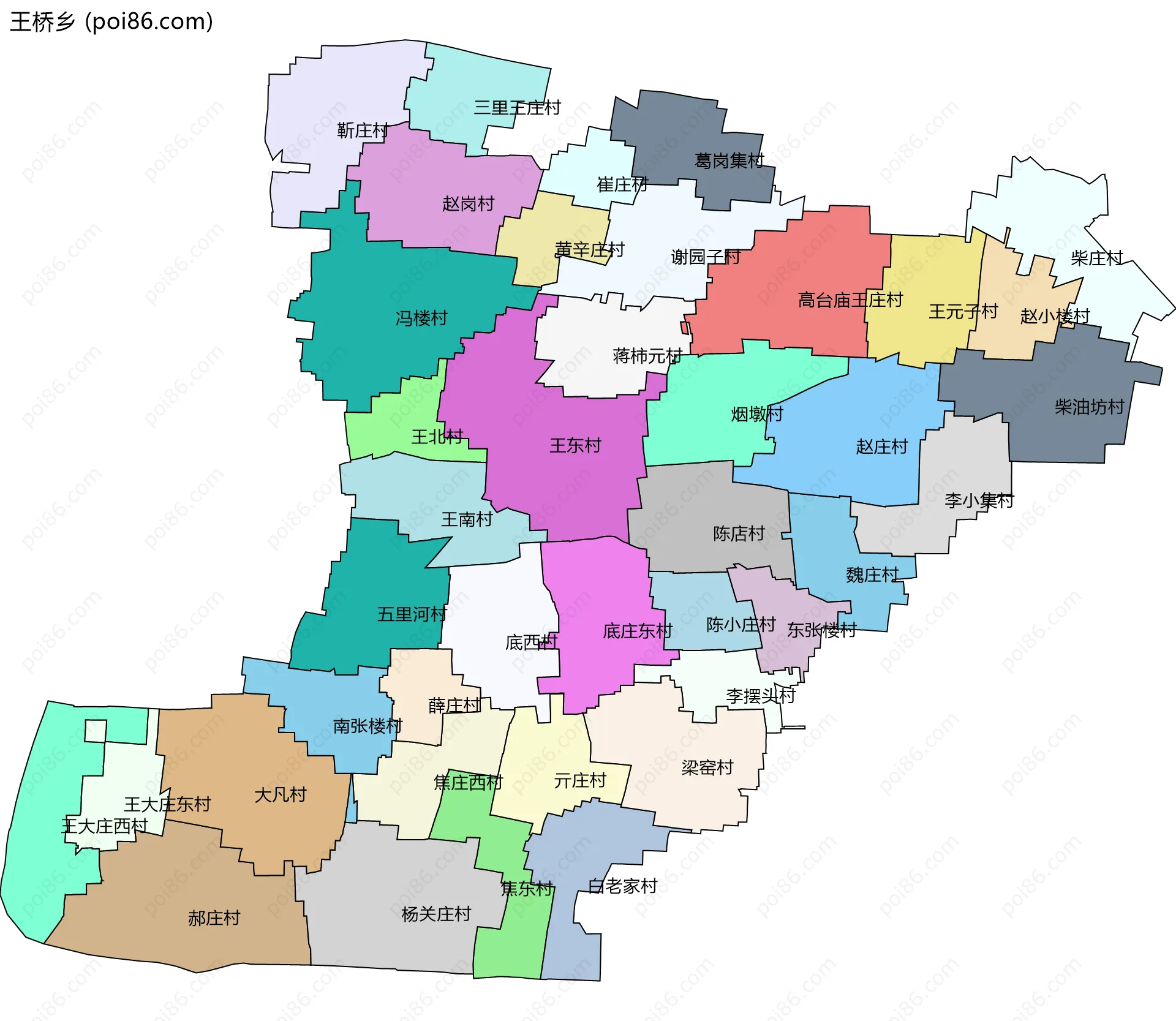 王桥乡边界地图(五级行政区划)