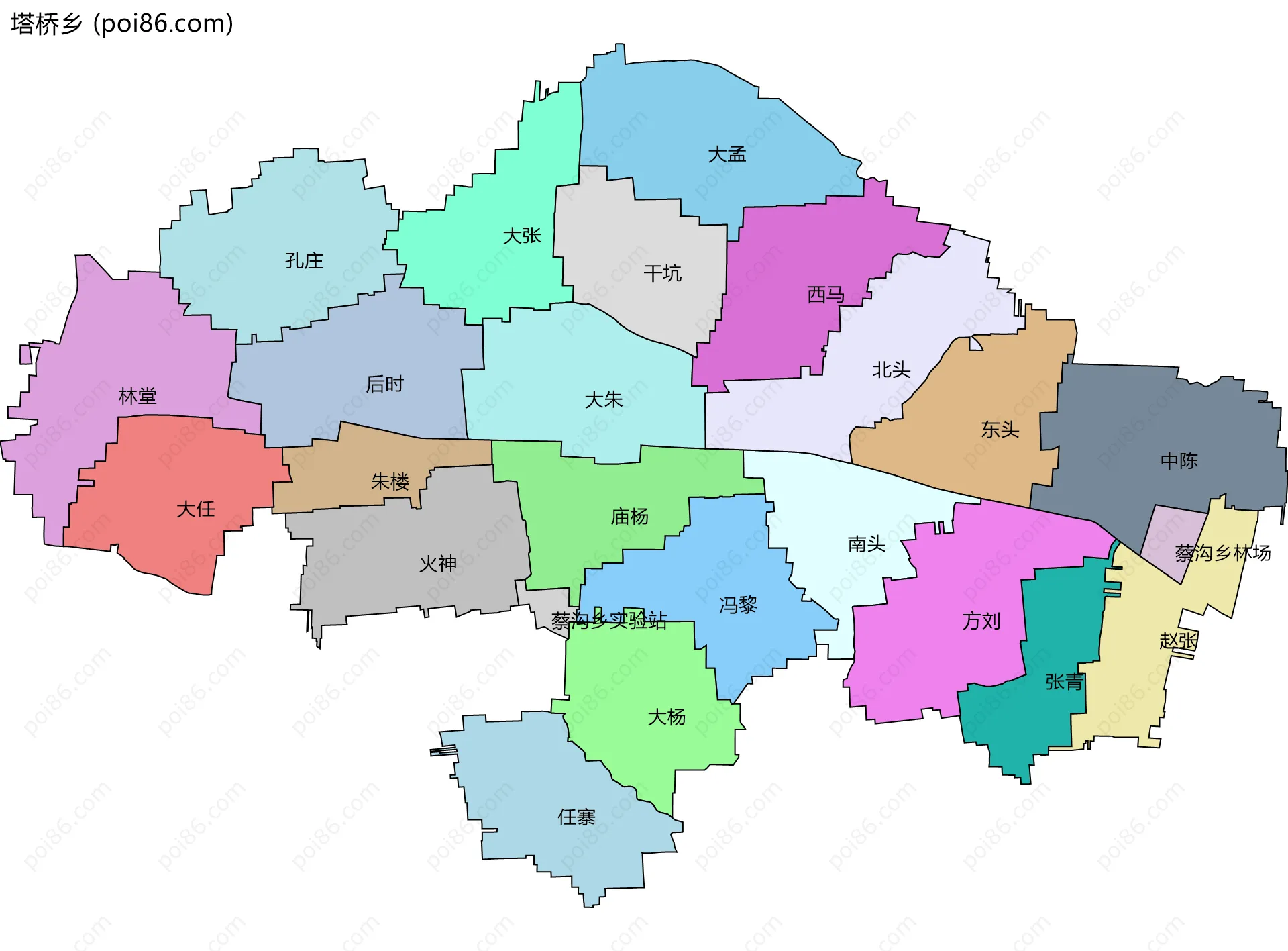 塔桥乡边界地图(五级行政区划)