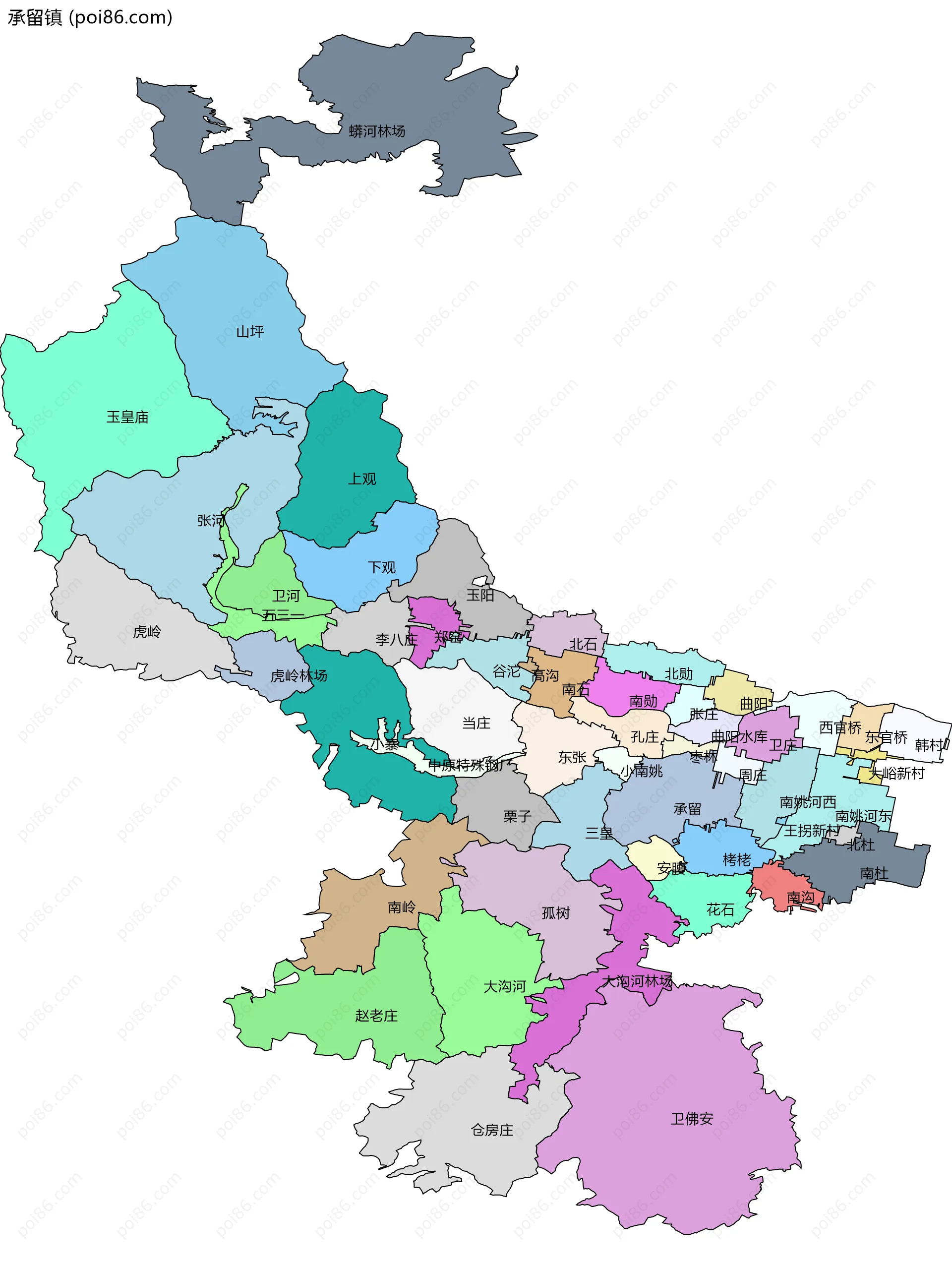 承留镇边界地图(五级行政区划)