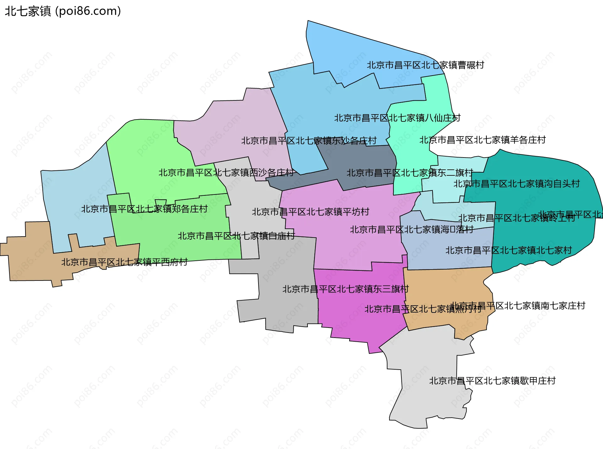 北七家镇边界地图(五级行政区划)