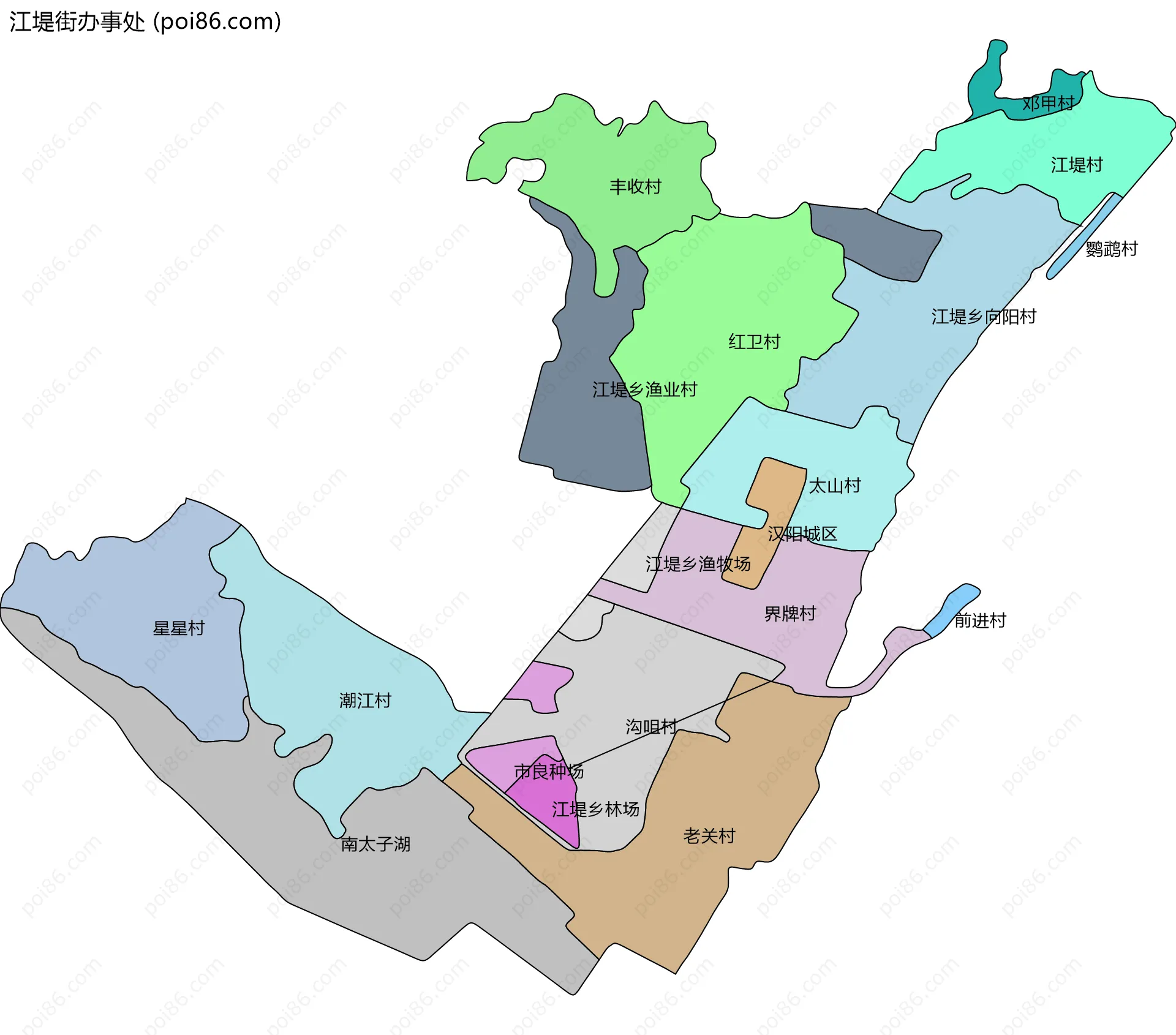江堤街办事处边界地图(五级行政区划)