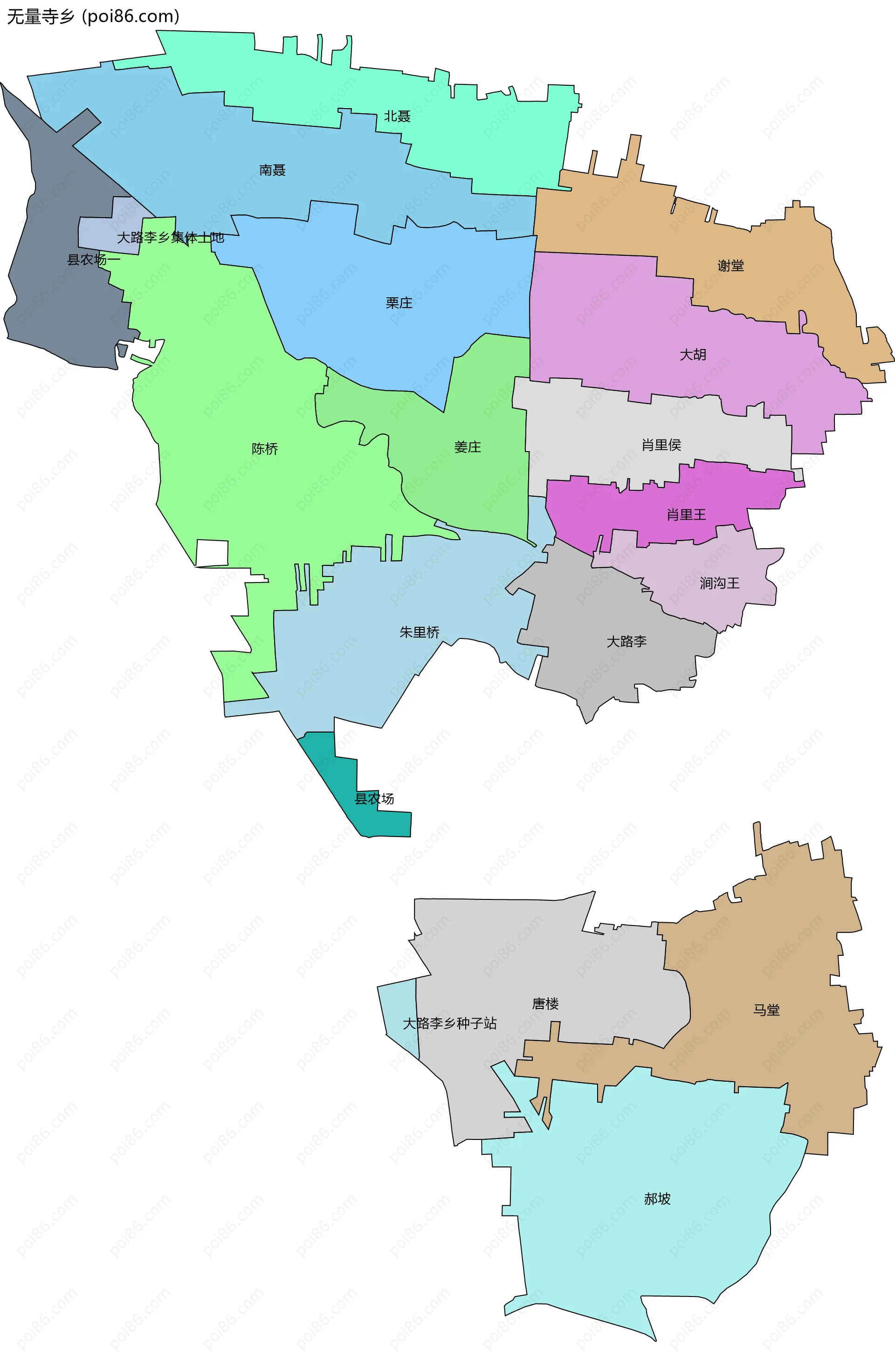 无量寺乡边界地图(五级行政区划)