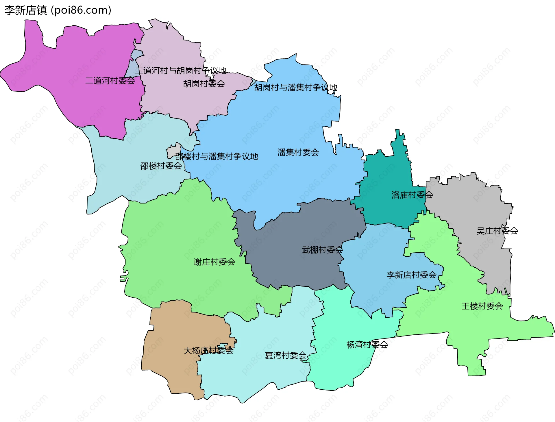 李新店镇边界地图(五级行政区划)