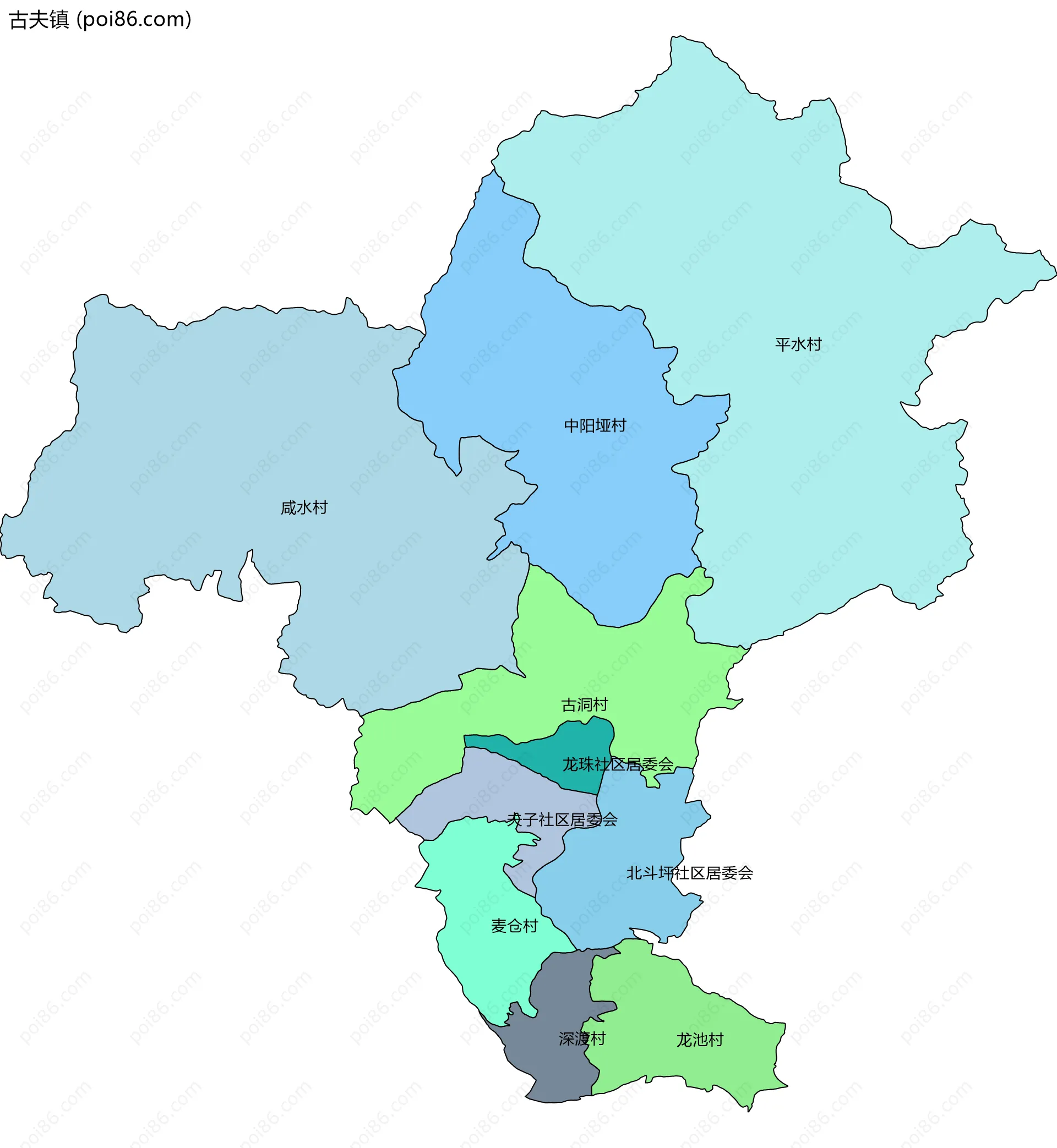 古夫镇边界地图(五级行政区划)