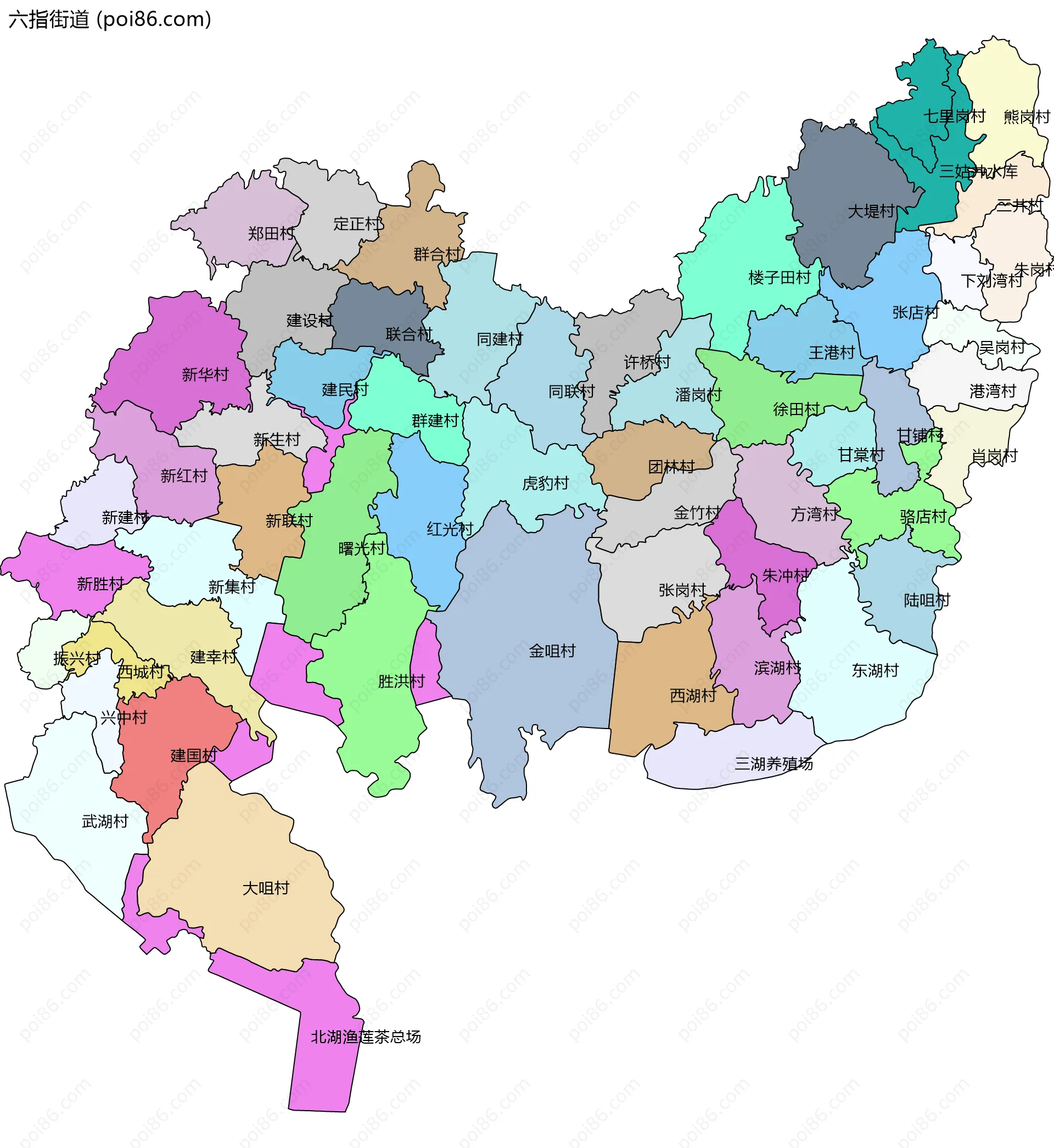 六指街道边界地图(五级行政区划)