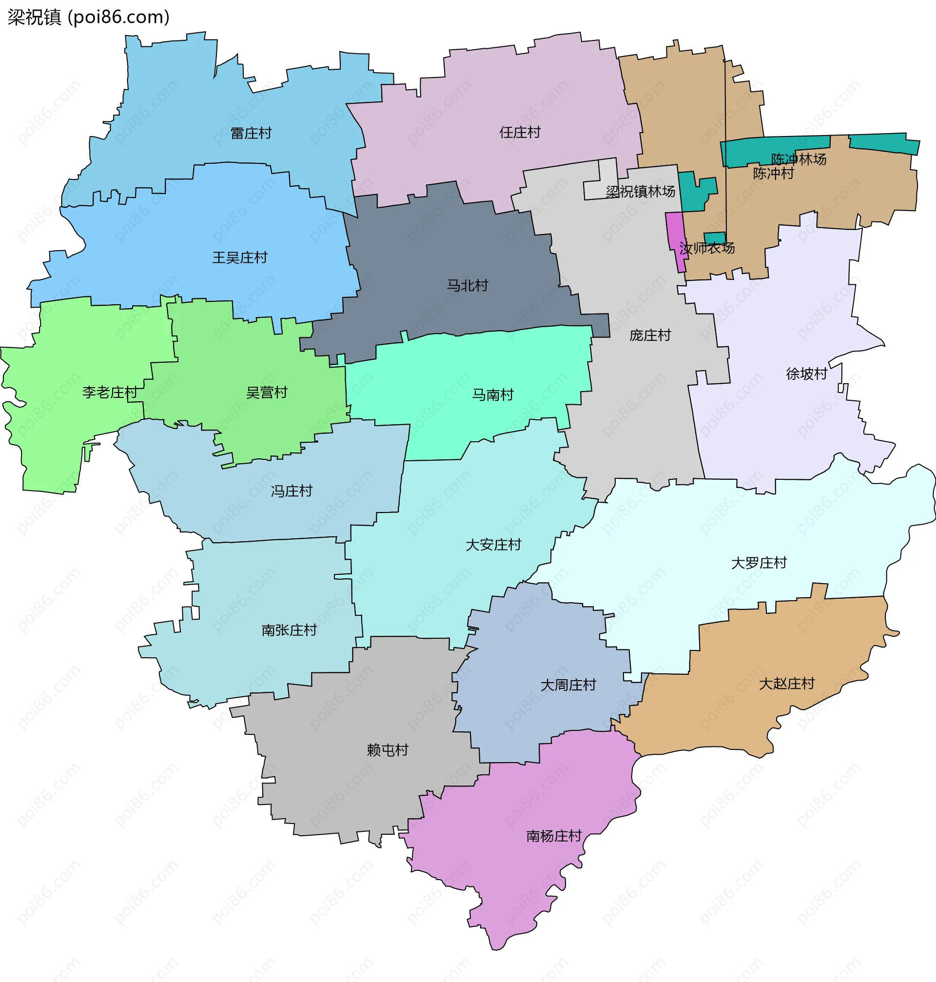 梁祝镇边界地图(五级行政区划)