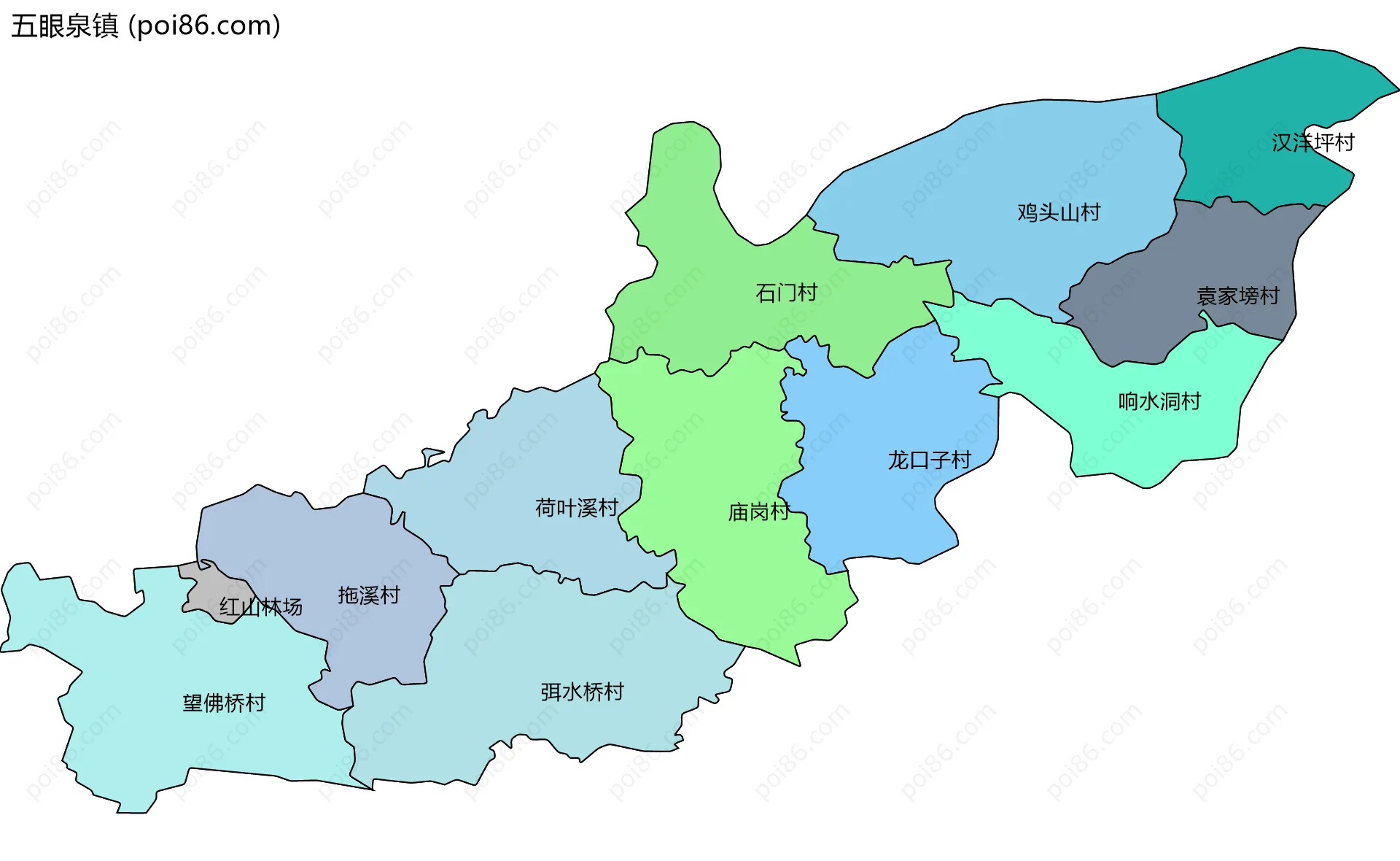 五眼泉镇边界地图(五级行政区划)