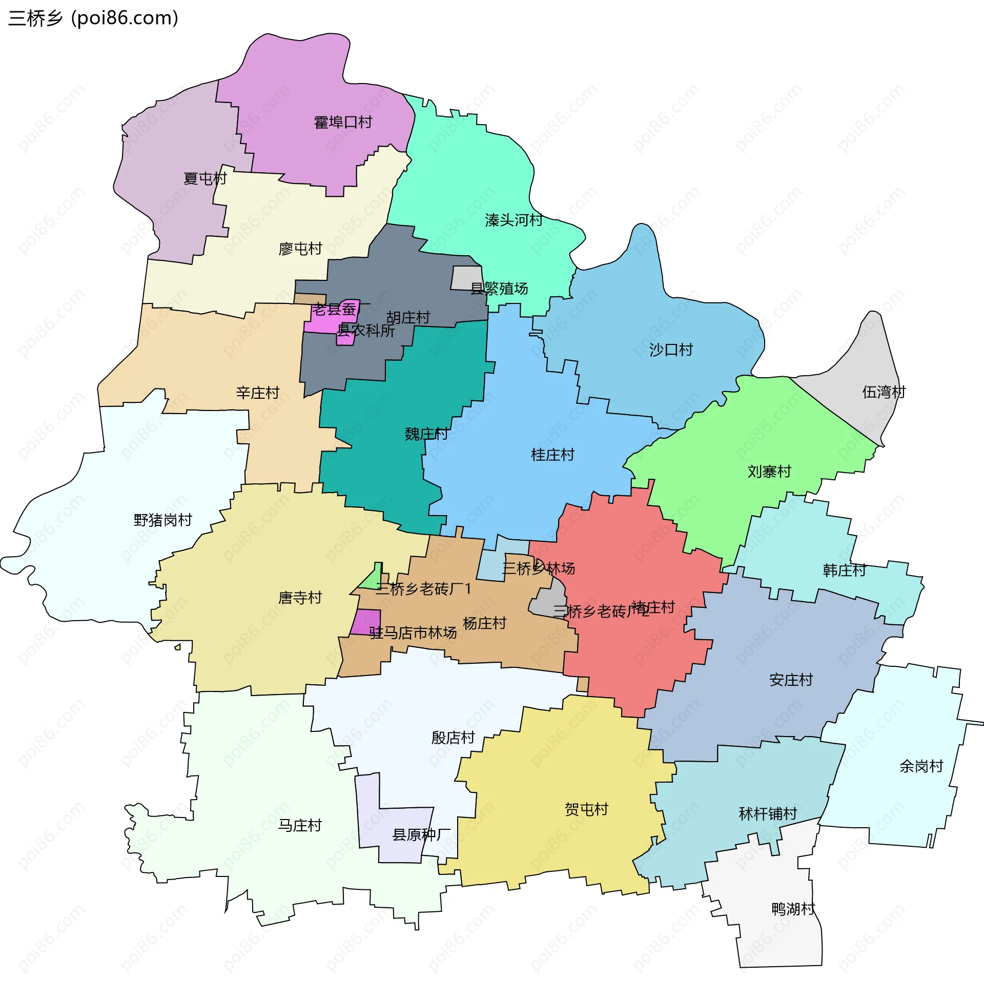 三桥乡边界地图(五级行政区划)