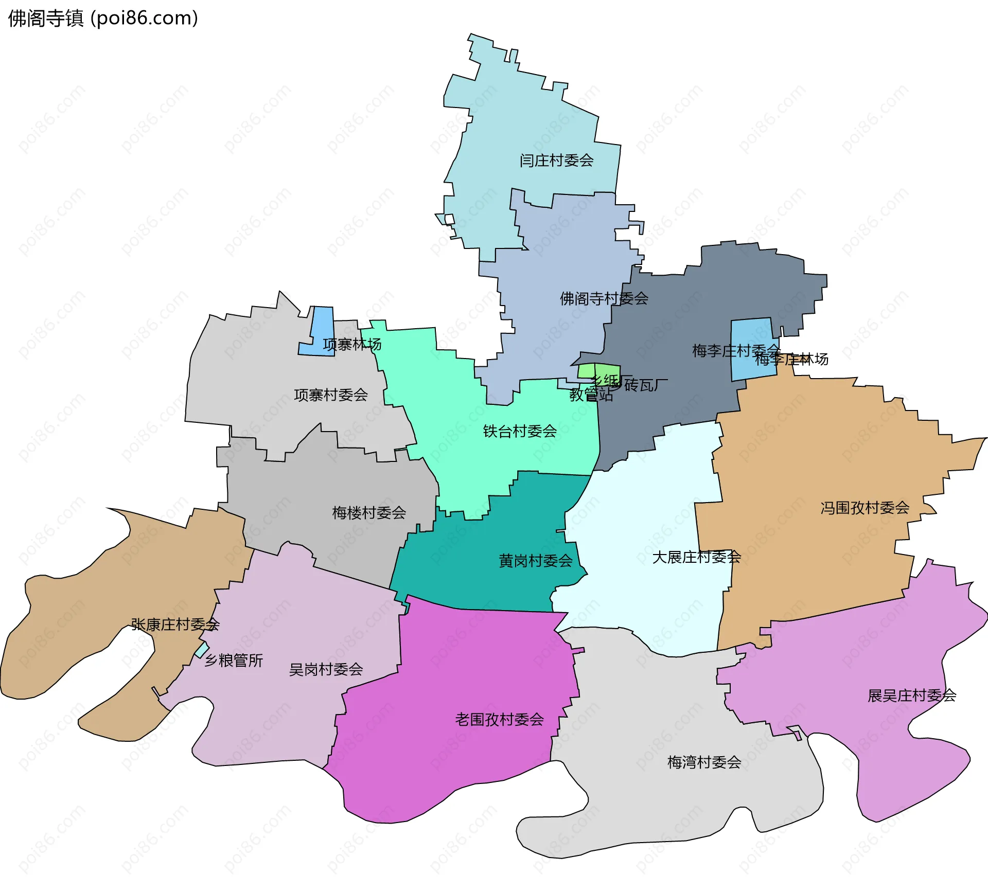 佛阁寺镇边界地图(五级行政区划)