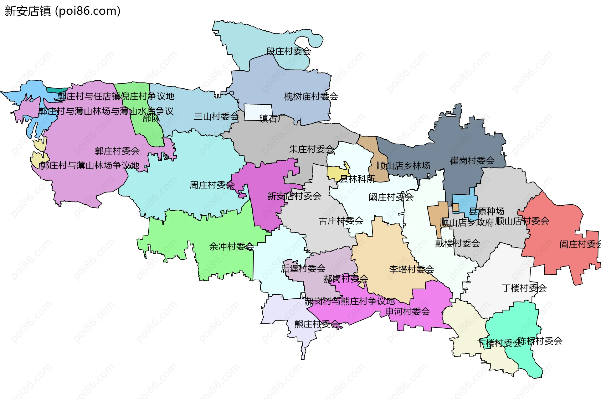 新安店镇边界地图(五级行政区划)