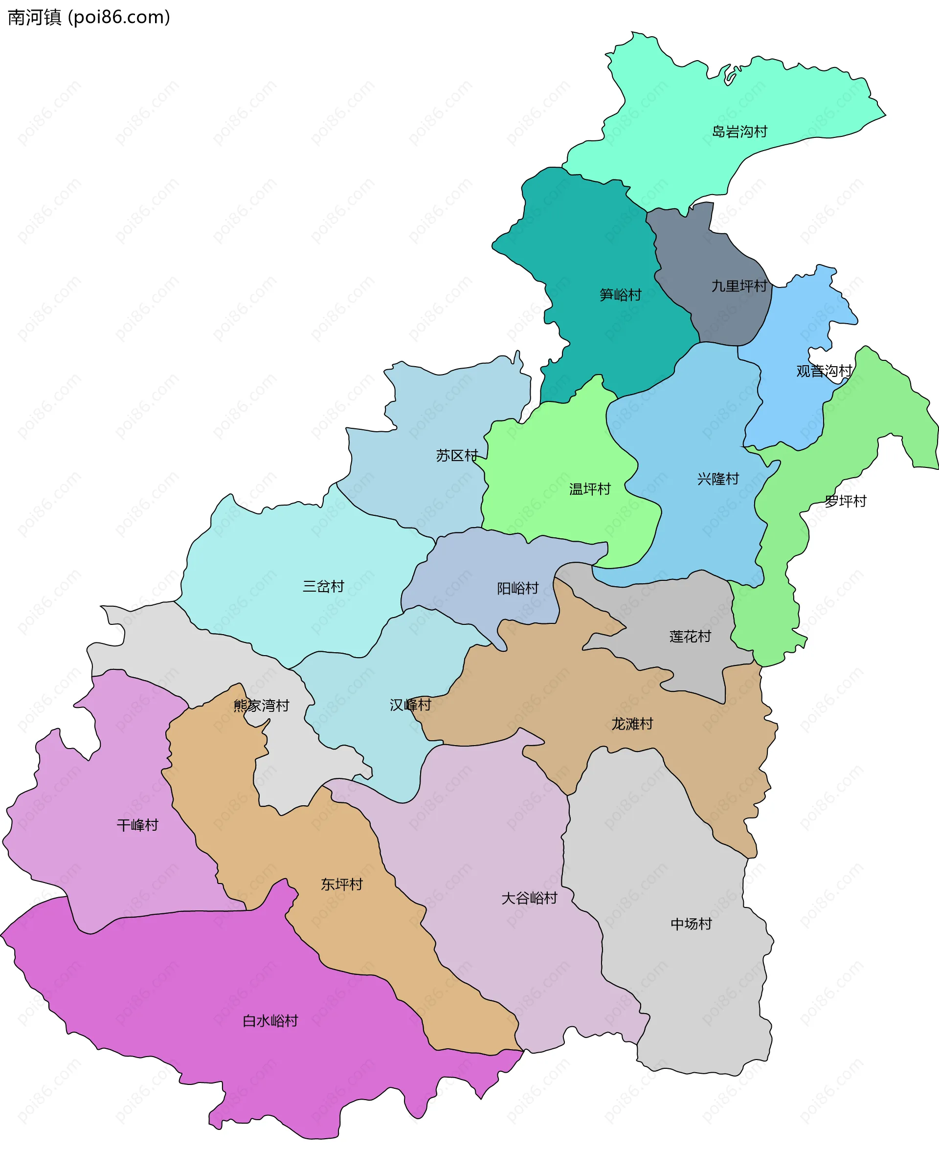 南河镇边界地图(五级行政区划)