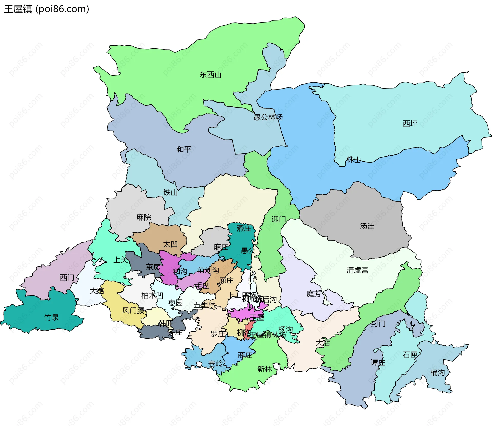 王屋镇边界地图(五级行政区划)