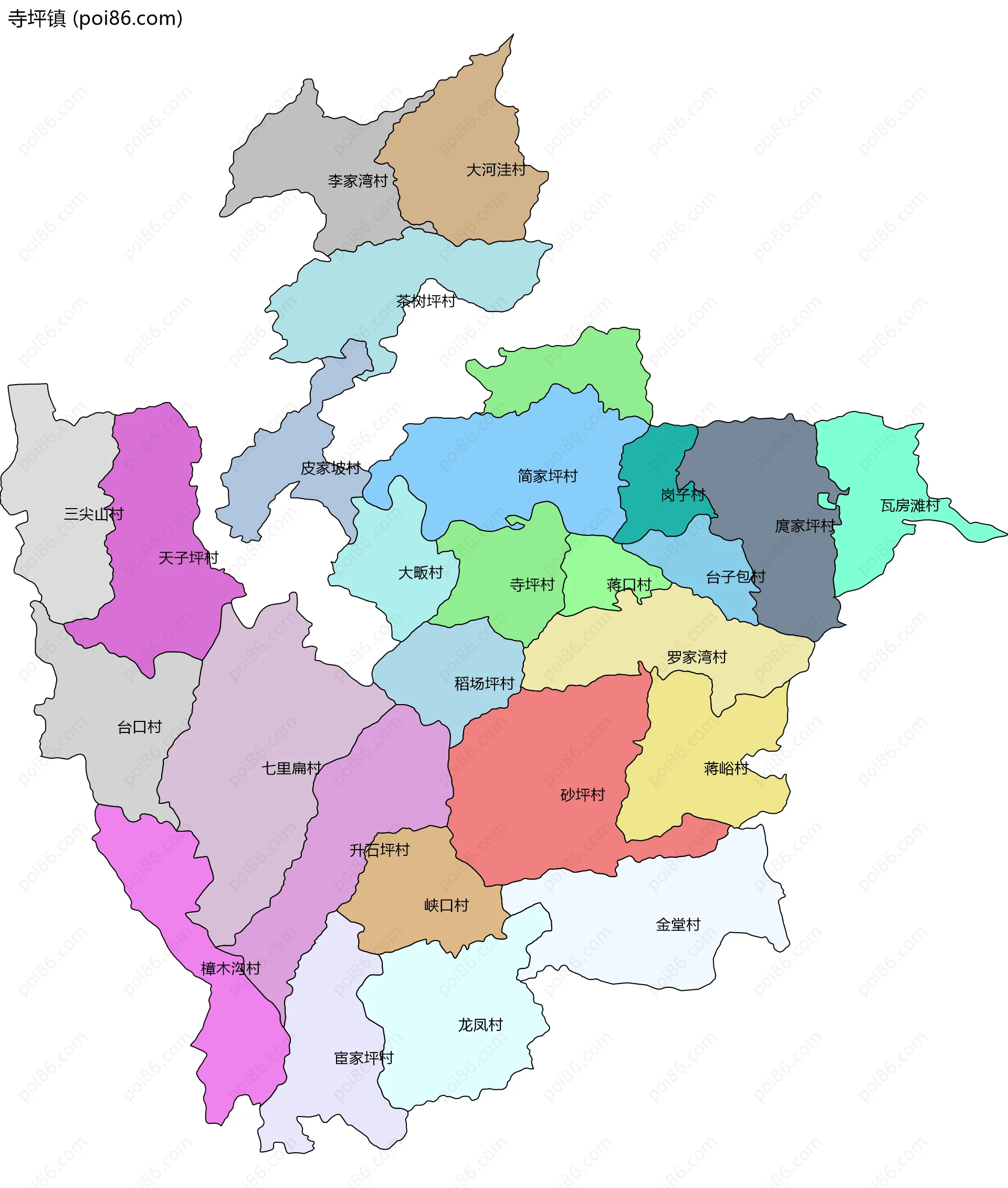 寺坪镇边界地图(五级行政区划)