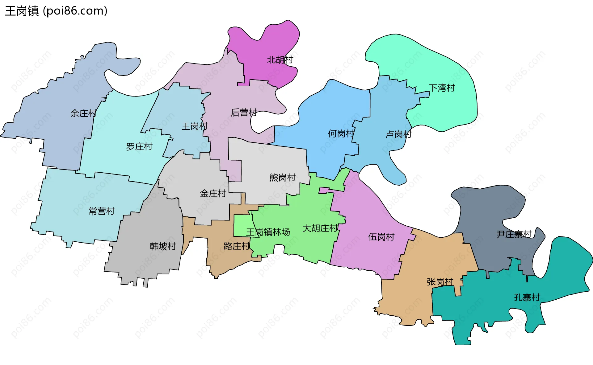 王岗镇边界地图(五级行政区划)