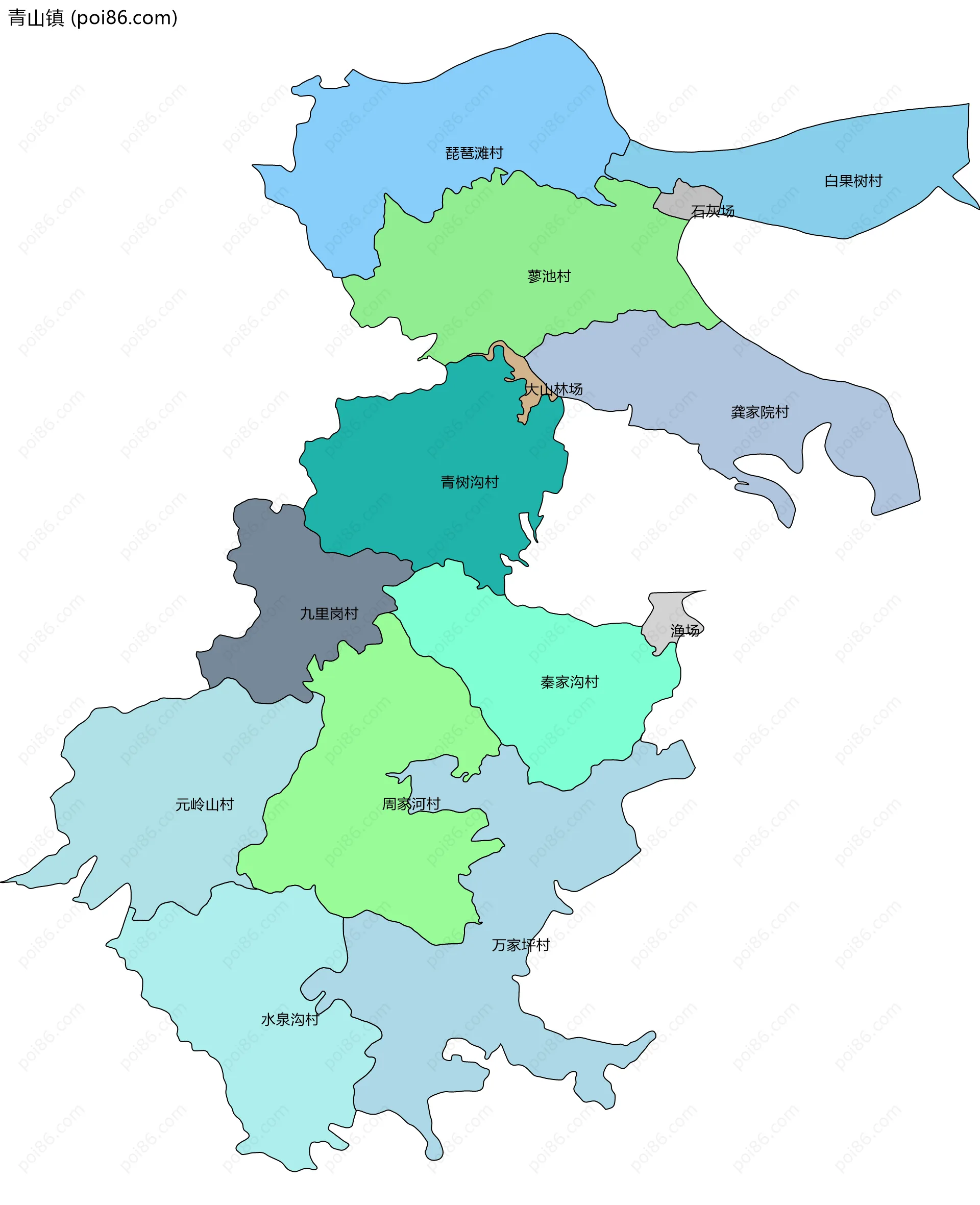 青山镇边界地图(五级行政区划)