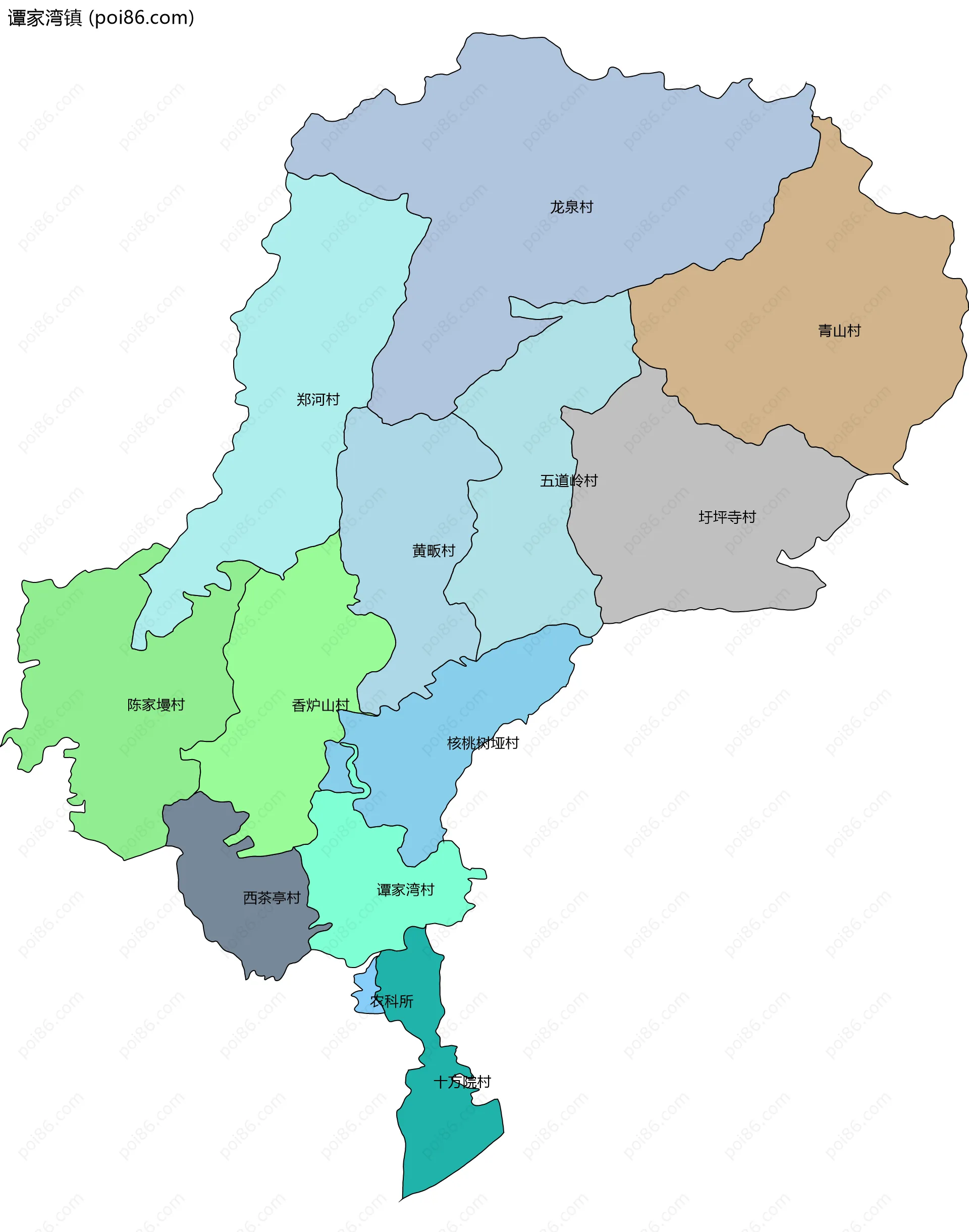 谭家湾镇边界地图(五级行政区划)