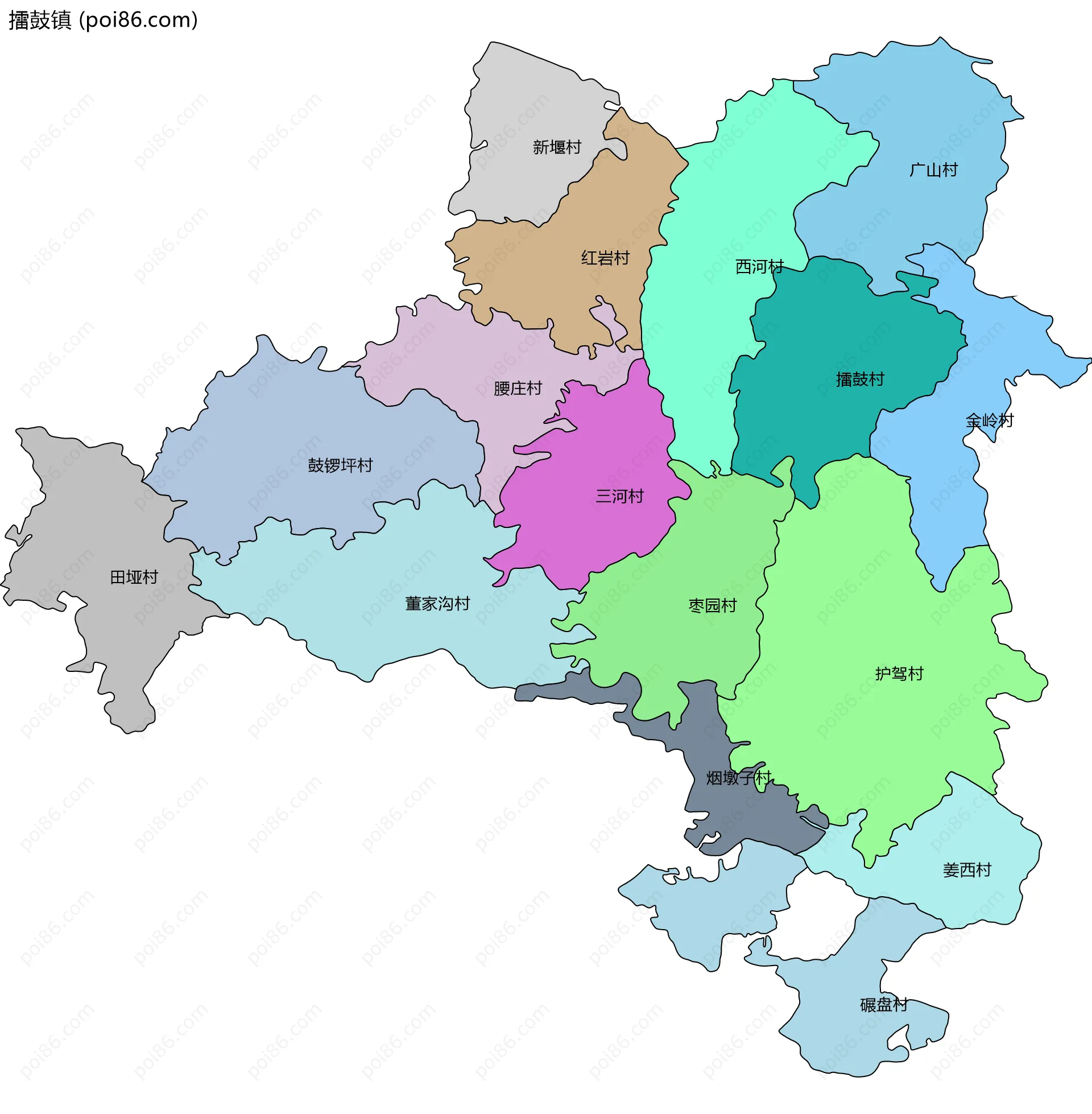 擂鼓镇边界地图(五级行政区划)