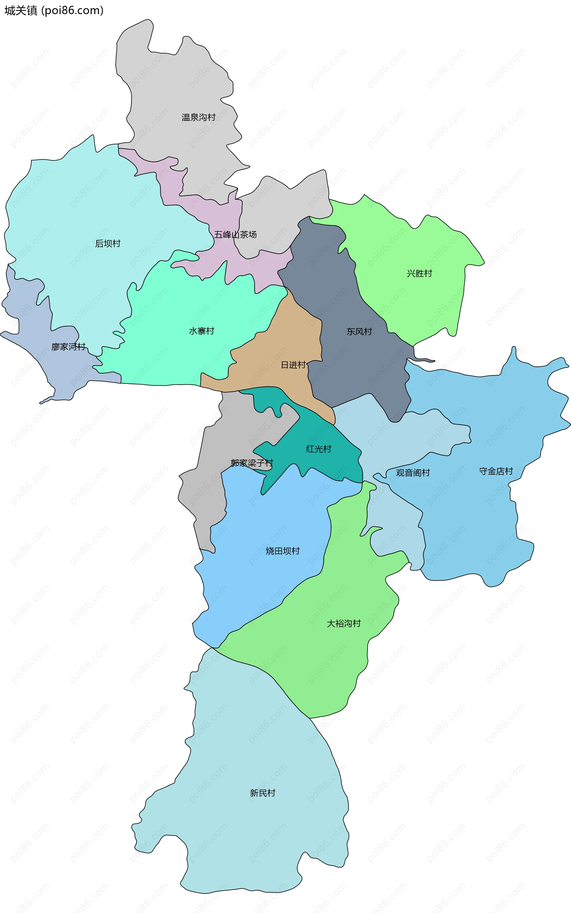 城关镇边界地图(五级行政区划)