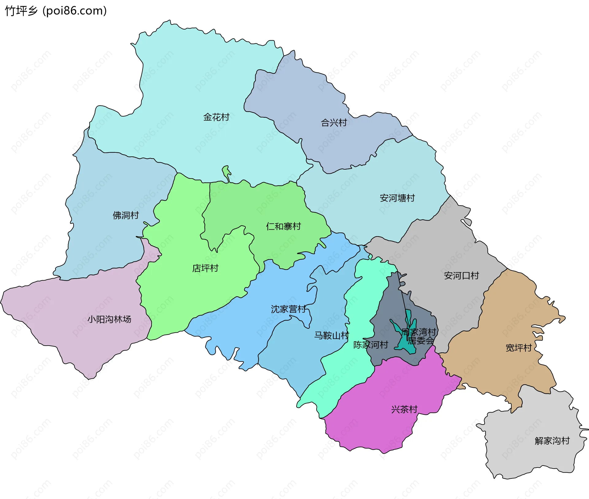 竹坪乡边界地图(五级行政区划)