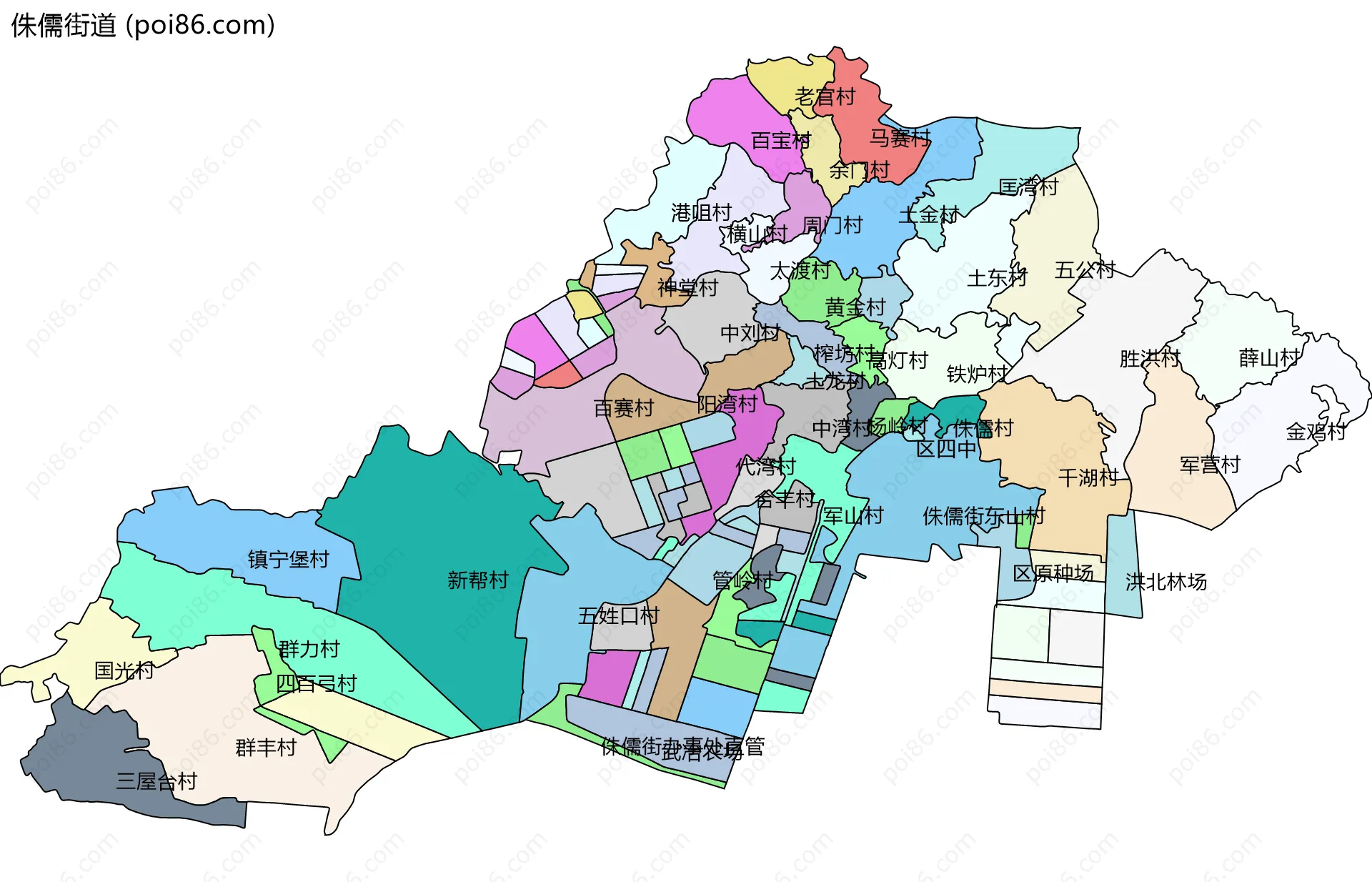 侏儒街道边界地图(五级行政区划)