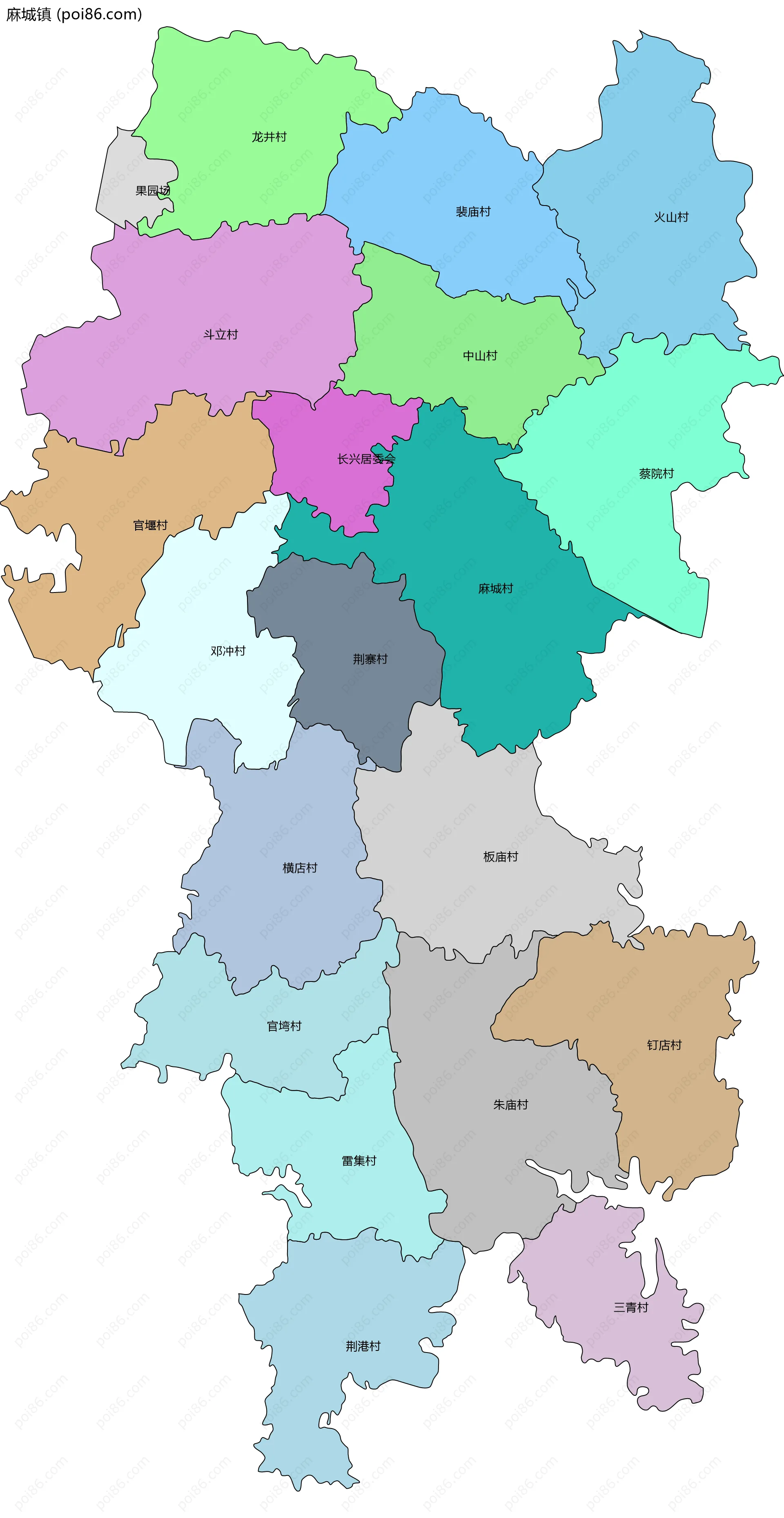 麻城镇边界地图(五级行政区划)