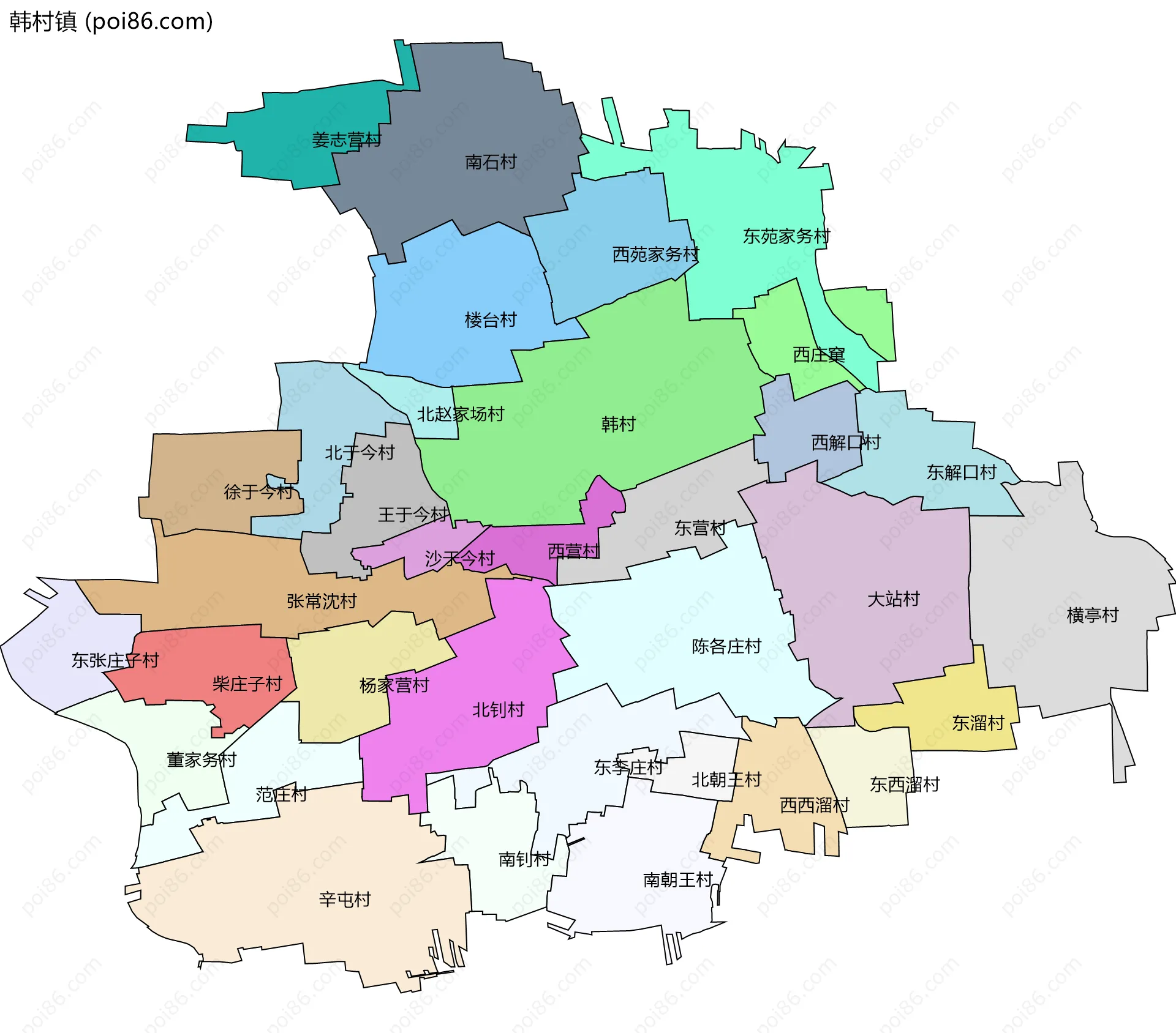 韩村镇边界地图(五级行政区划)