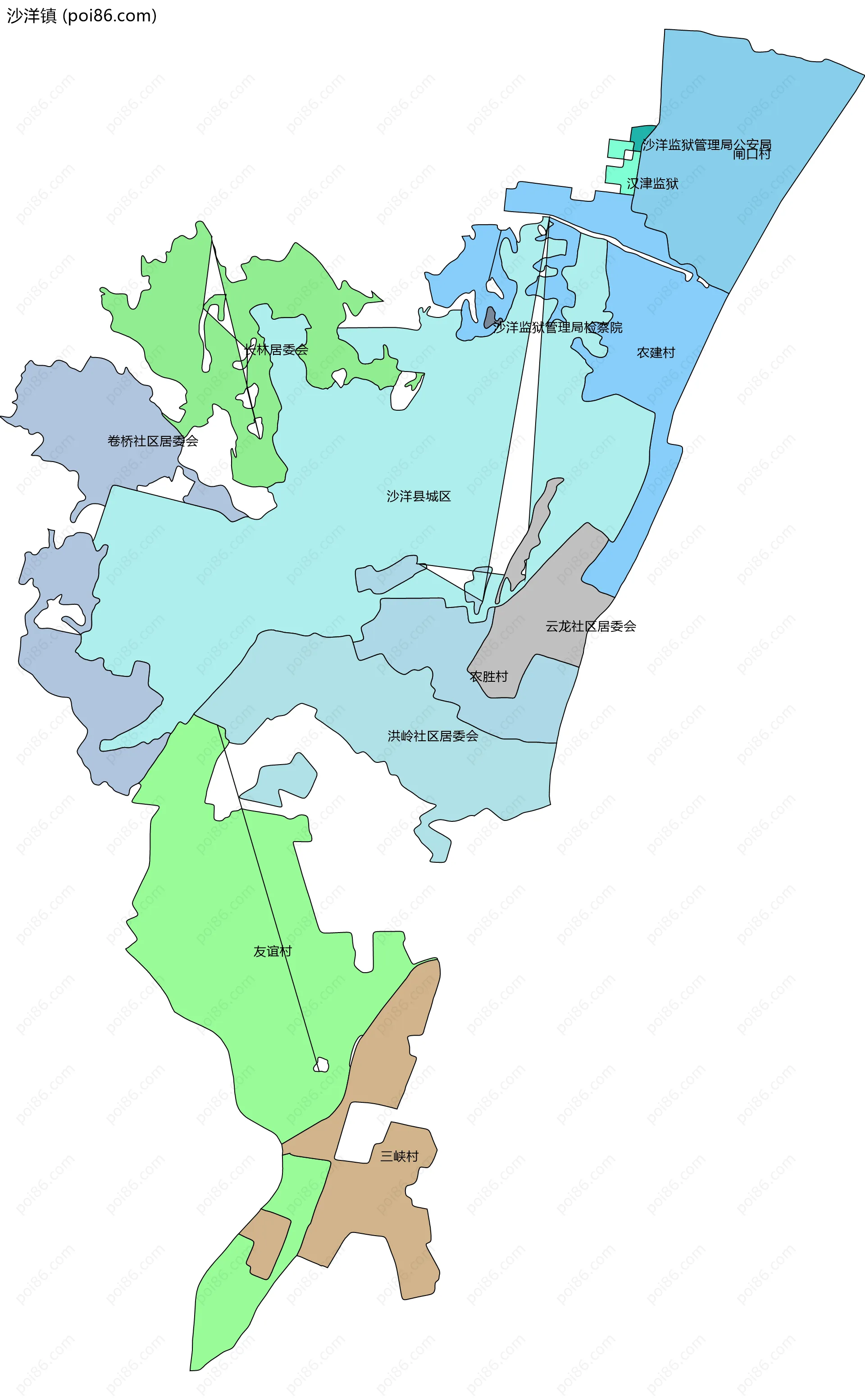 沙洋镇边界地图(五级行政区划)