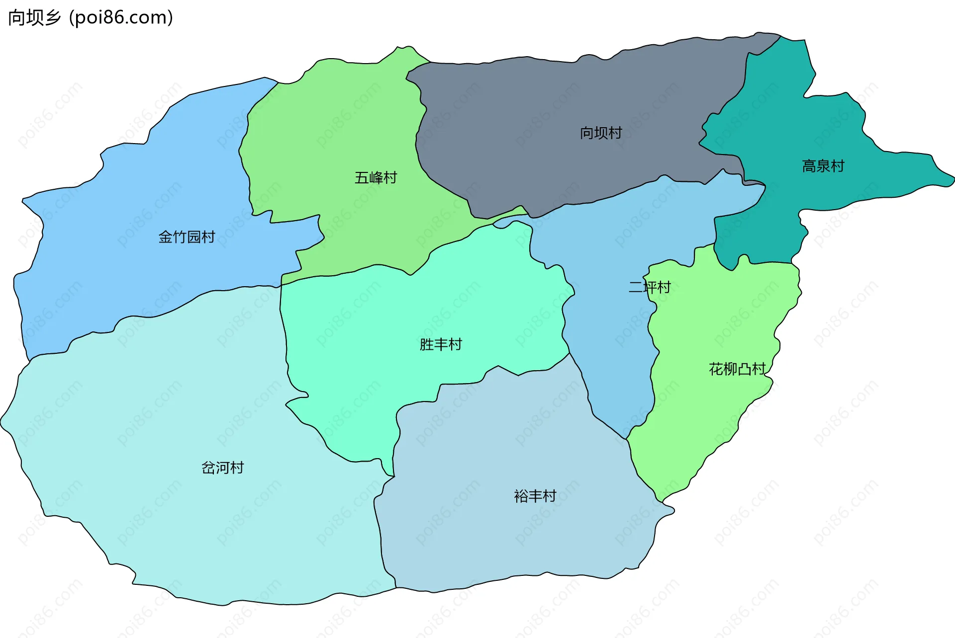 向坝乡边界地图(五级行政区划)