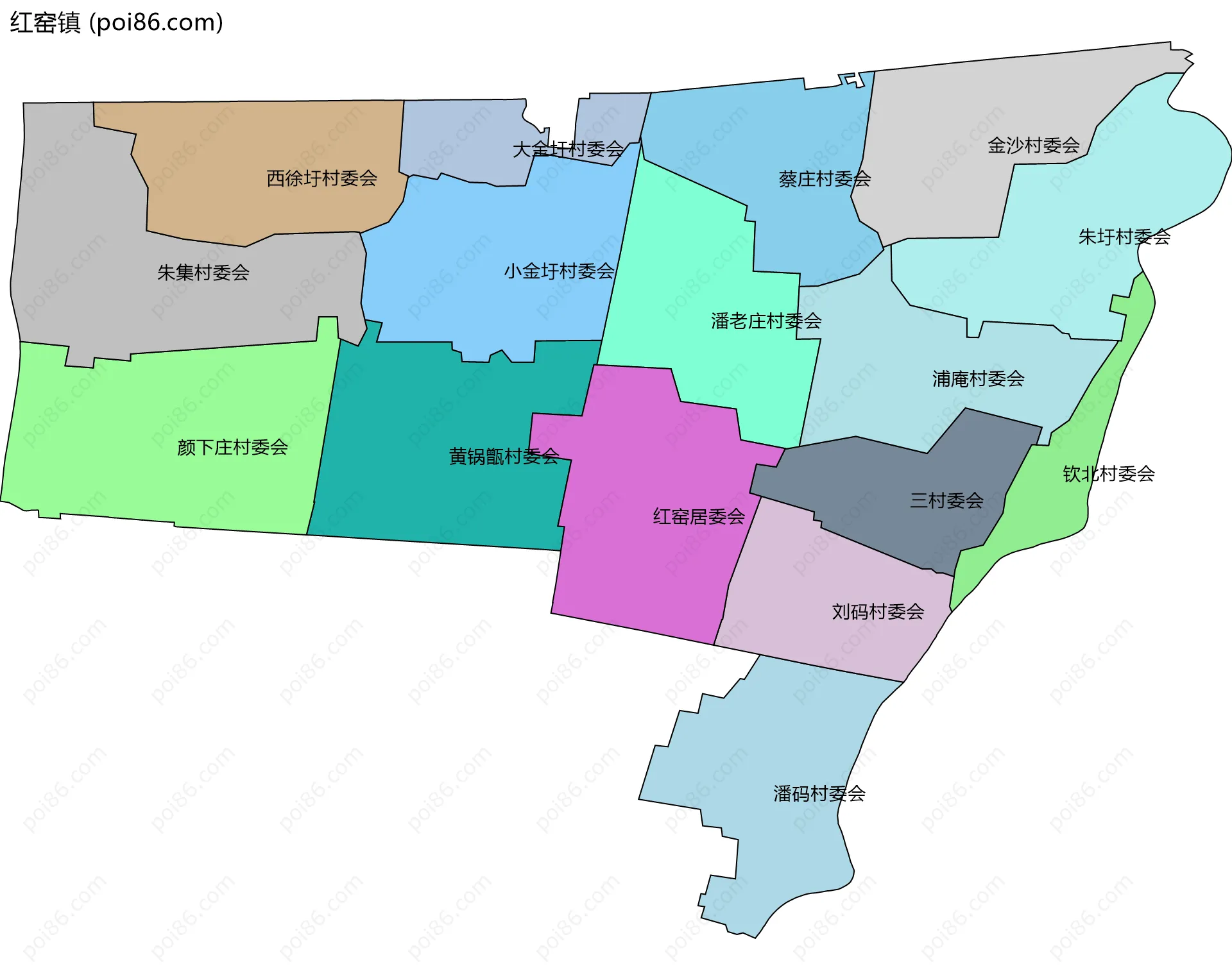 红窑镇边界地图(五级行政区划)