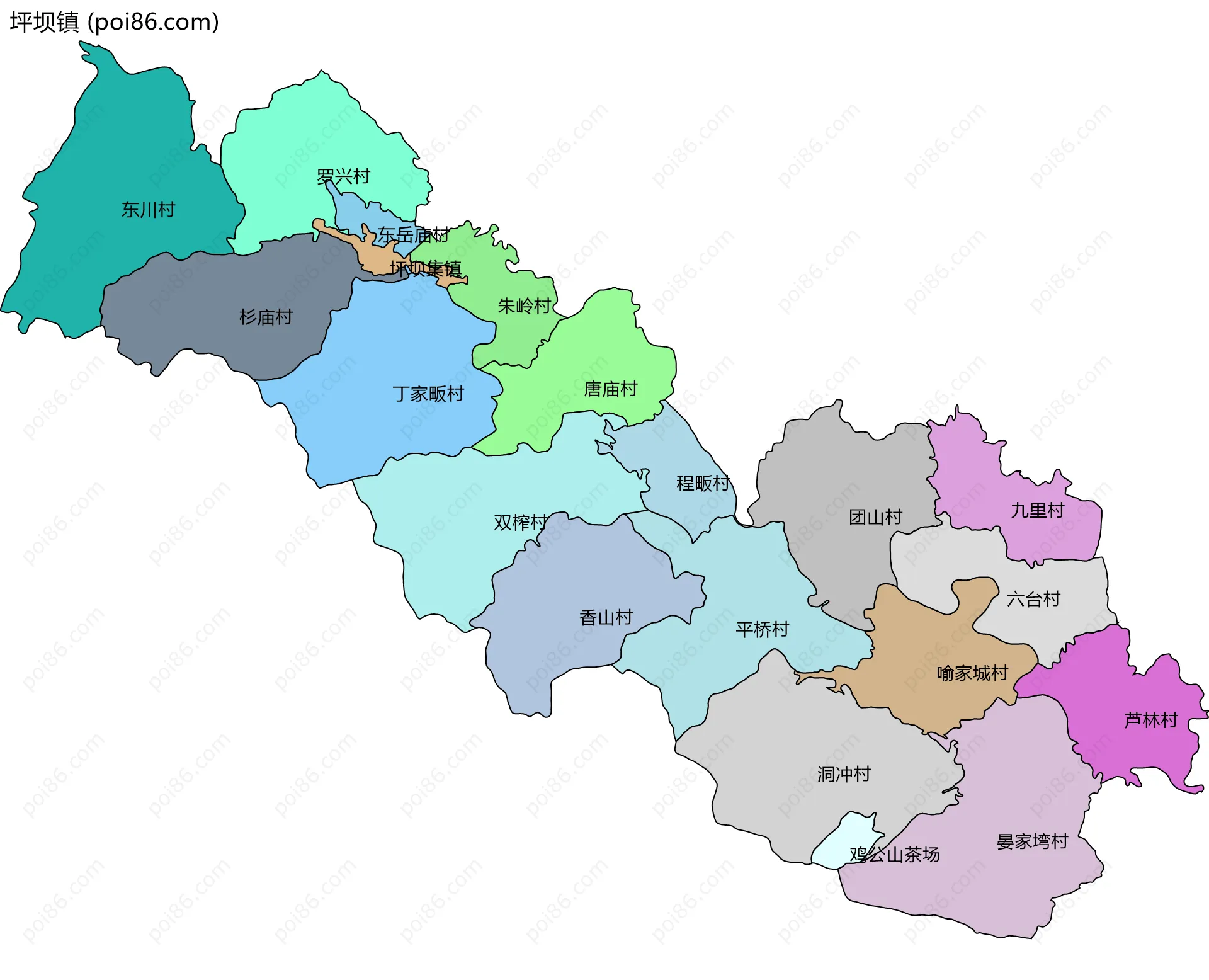 坪坝镇边界地图(五级行政区划)