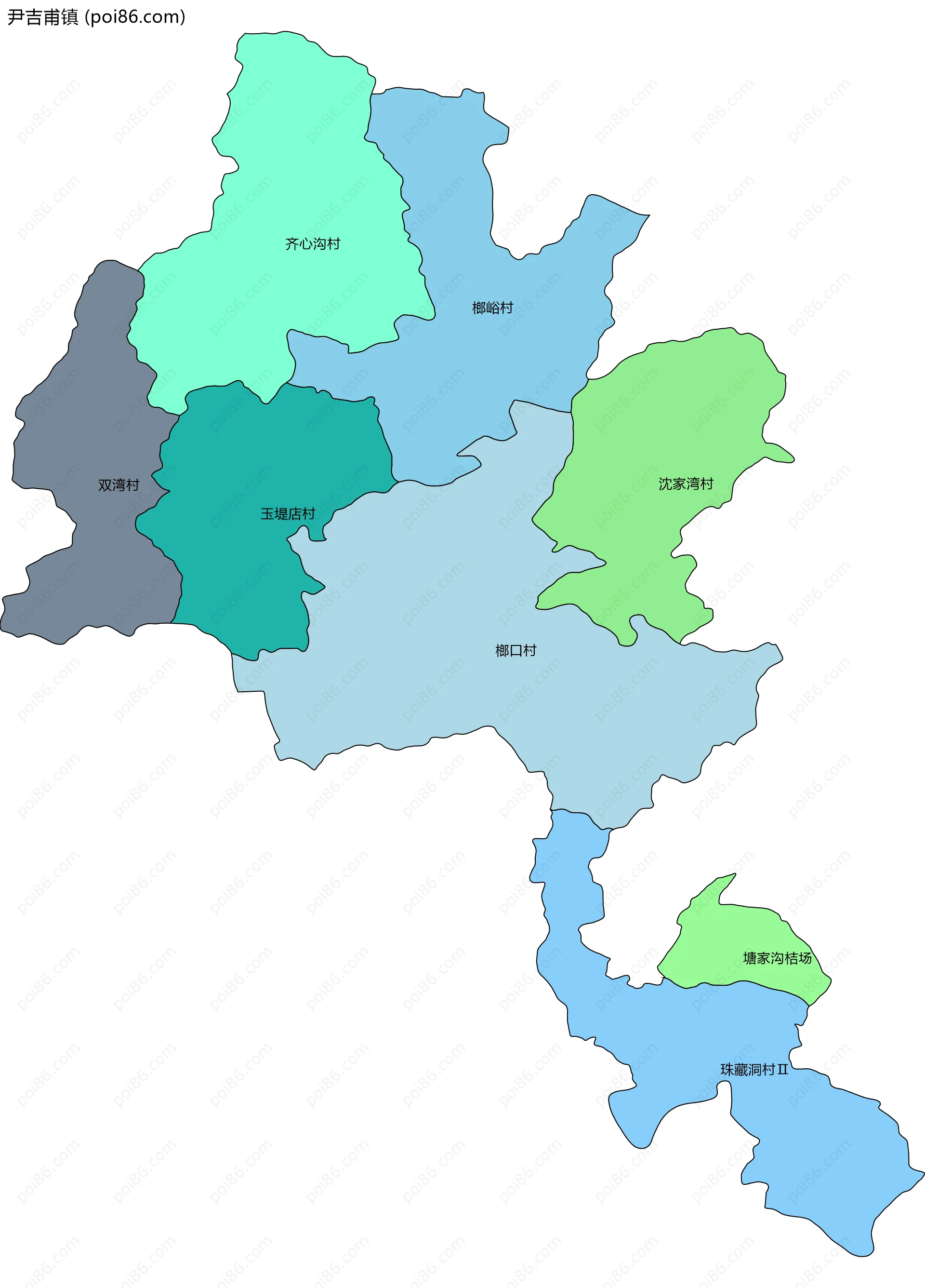 尹吉甫镇边界地图(五级行政区划)