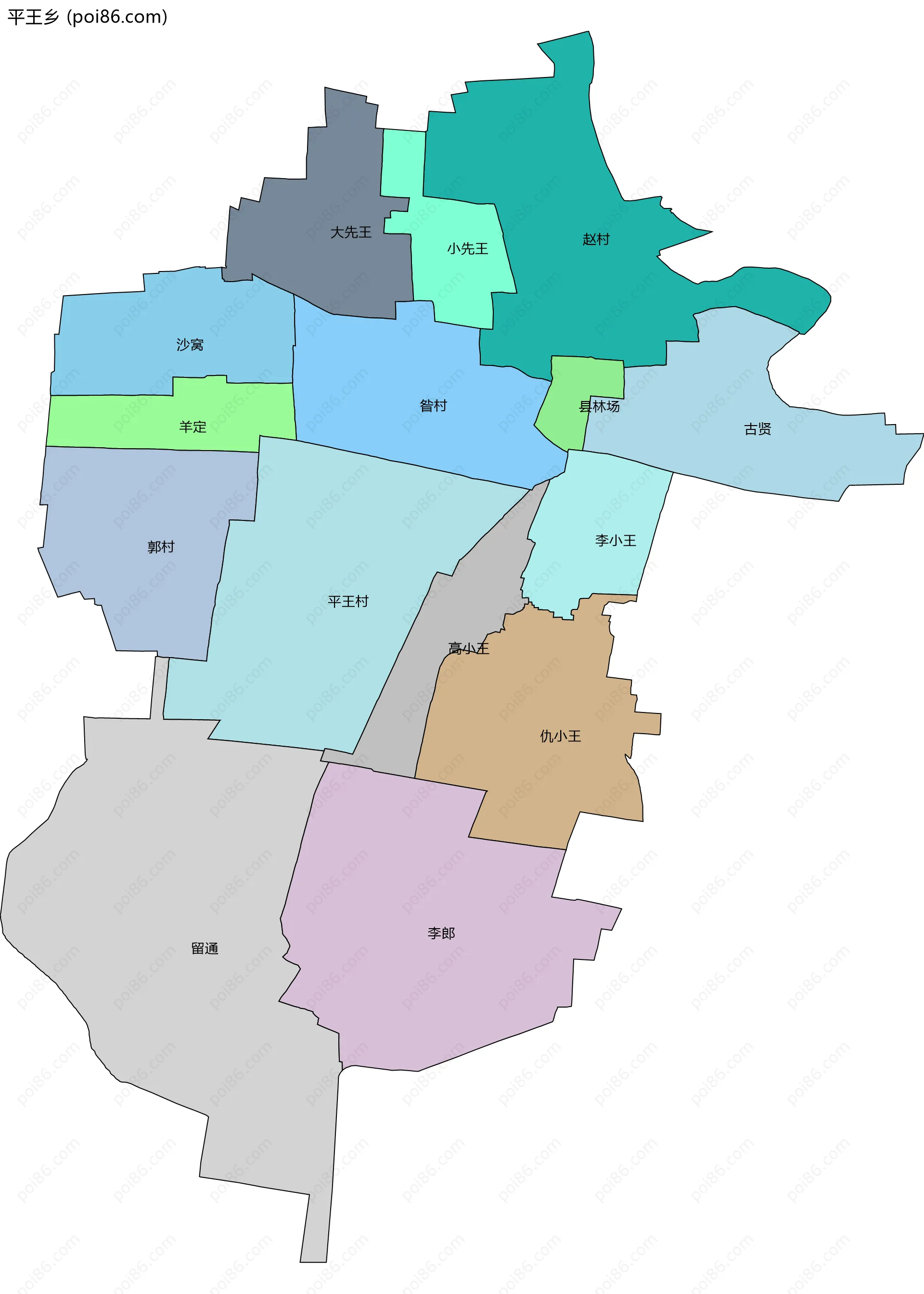 平王乡边界地图(五级行政区划)