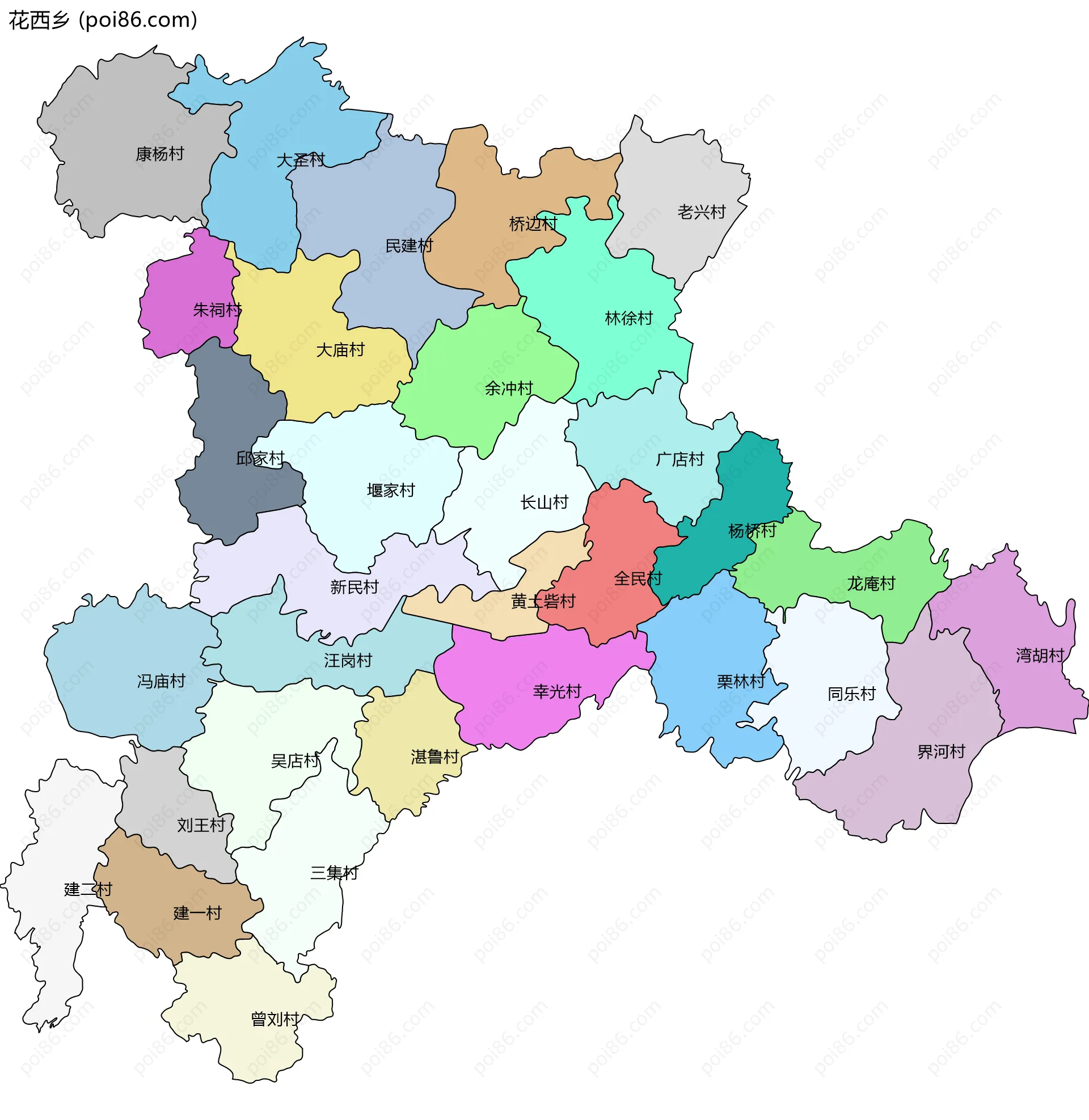 花西乡边界地图(五级行政区划)