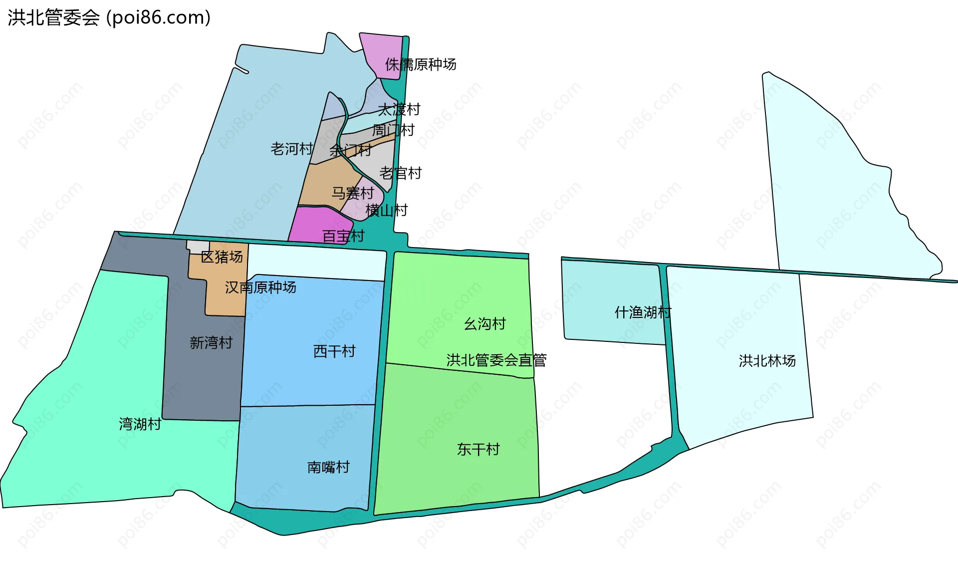 洪北管委会边界地图(五级行政区划)