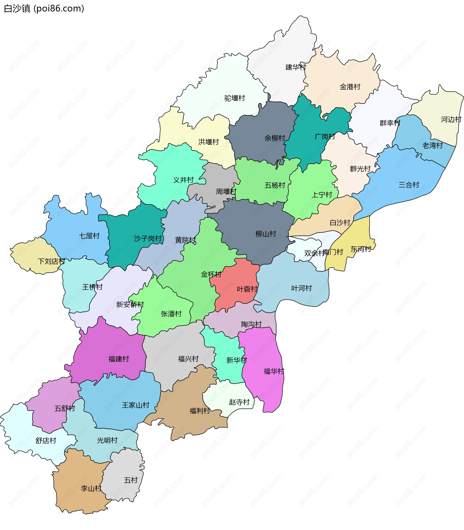 白沙镇边界地图(五级行政区划)