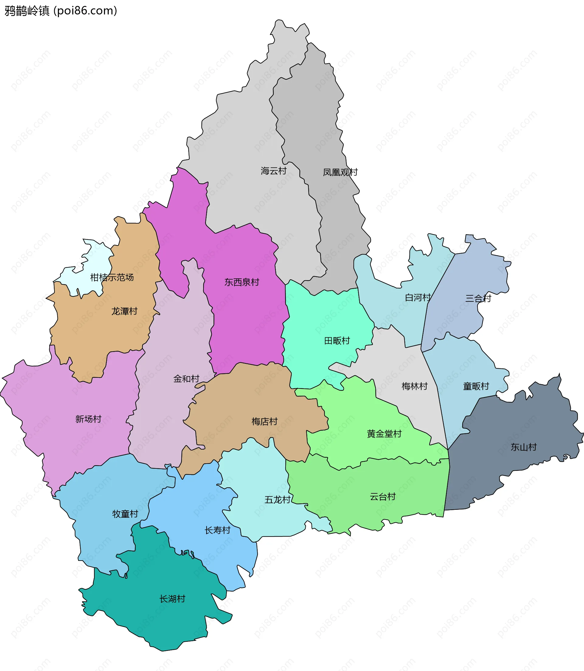 鸦鹊岭镇边界地图(五级行政区划)