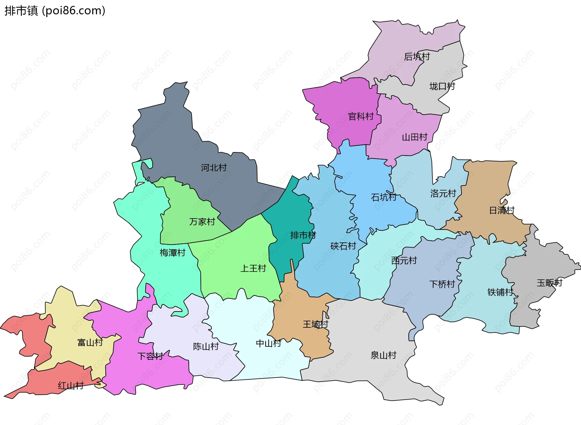 排市镇边界地图(五级行政区划)